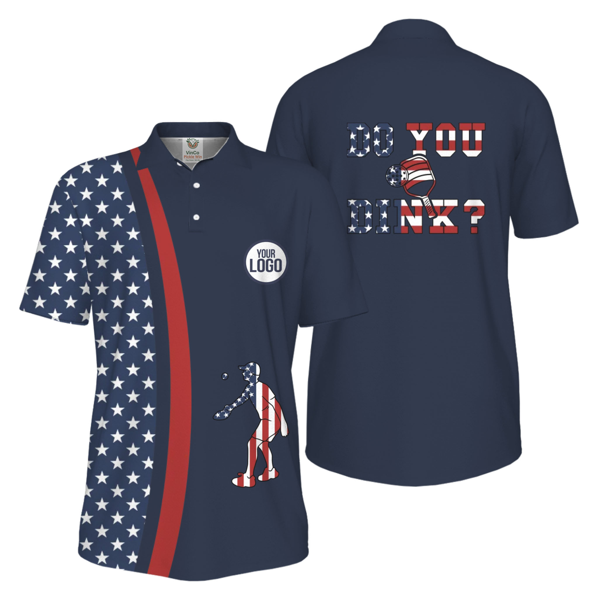  Picklewin Funny Dink Pickleball American Flag UV Protection Men Polo Shirt 