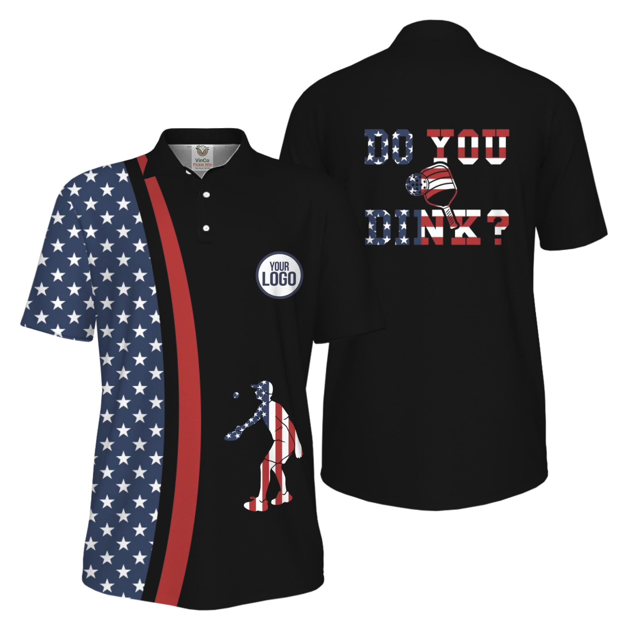  Picklewin Funny Dink Pickleball American Flag UV Protection Men Polo Shirt 