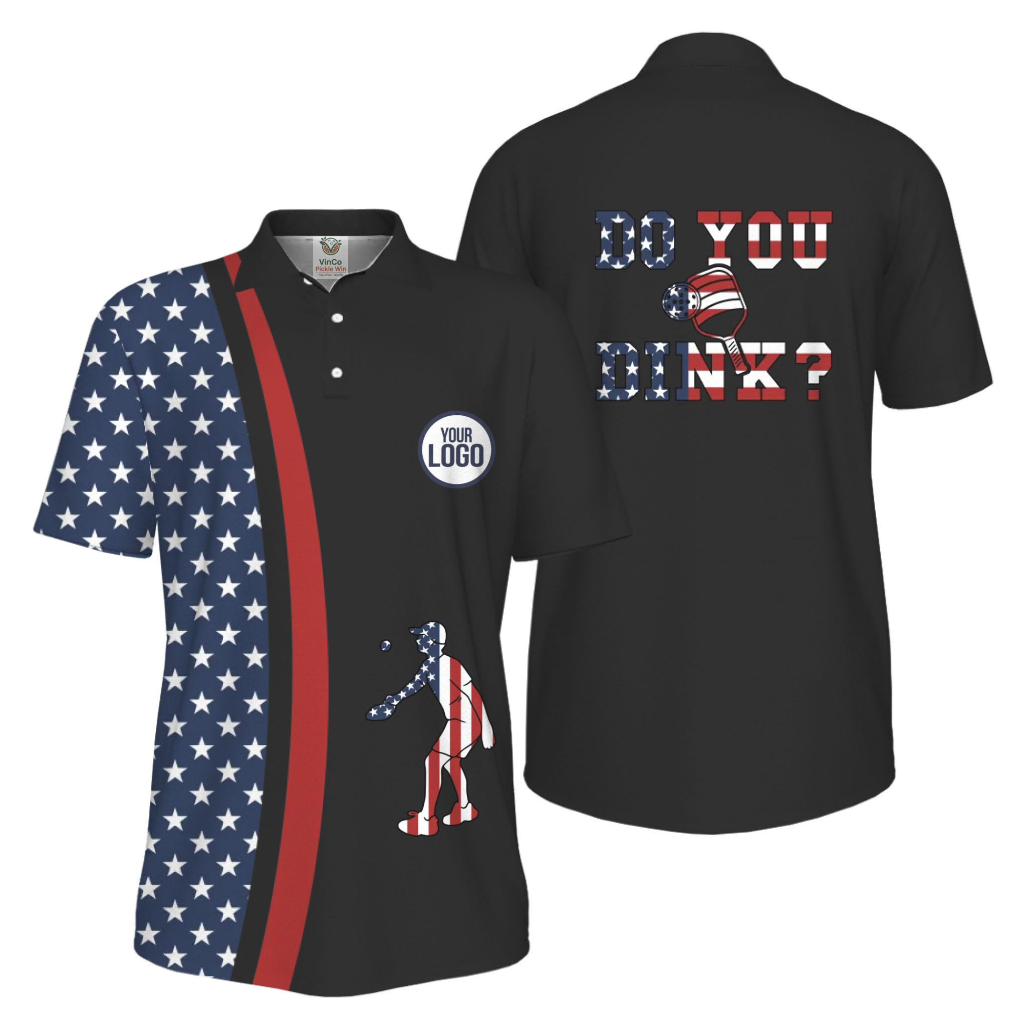  Picklewin Funny Dink Pickleball American Flag UV Protection Men Polo Shirt 