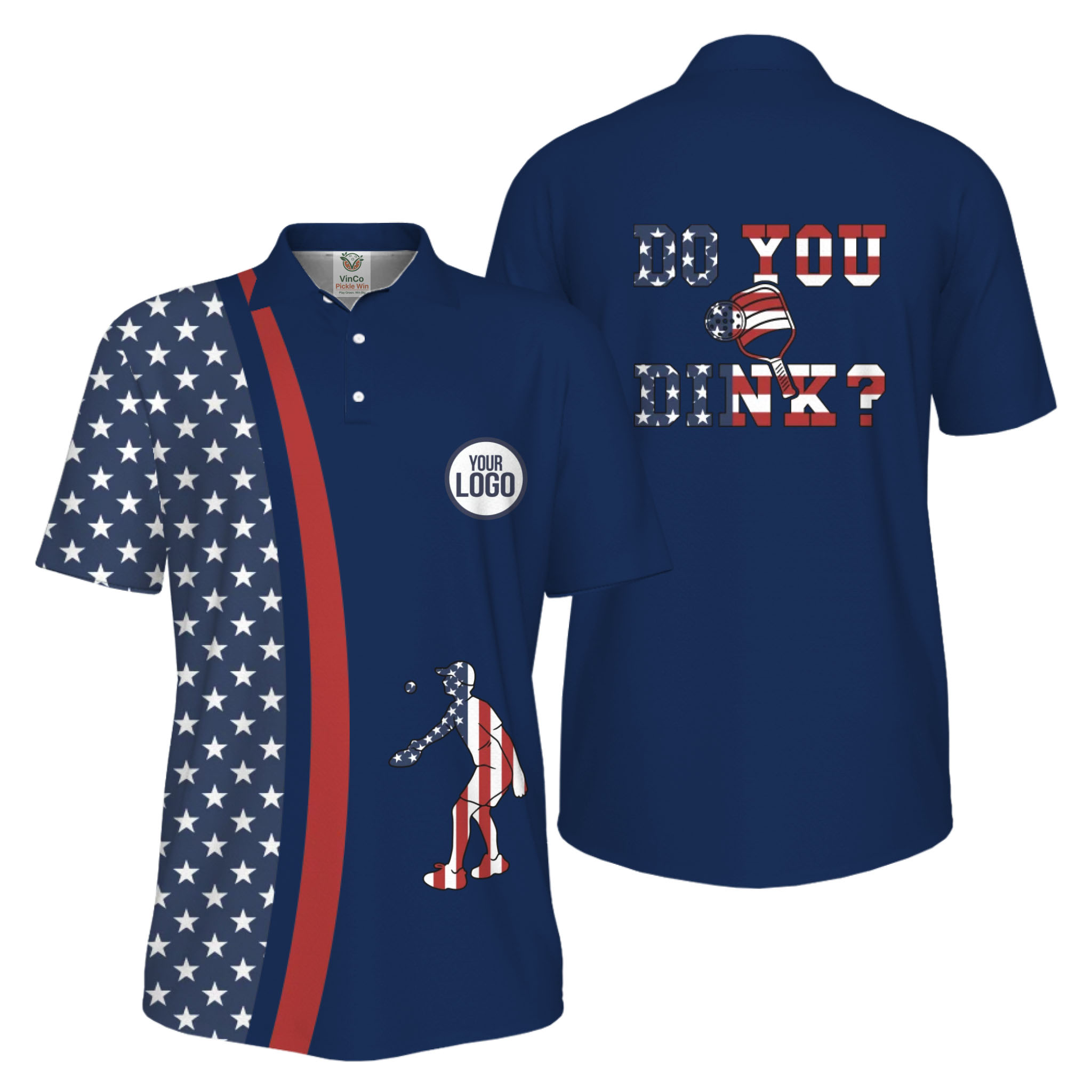  Picklewin Funny Dink Pickleball American Flag UV Protection Men Polo Shirt 