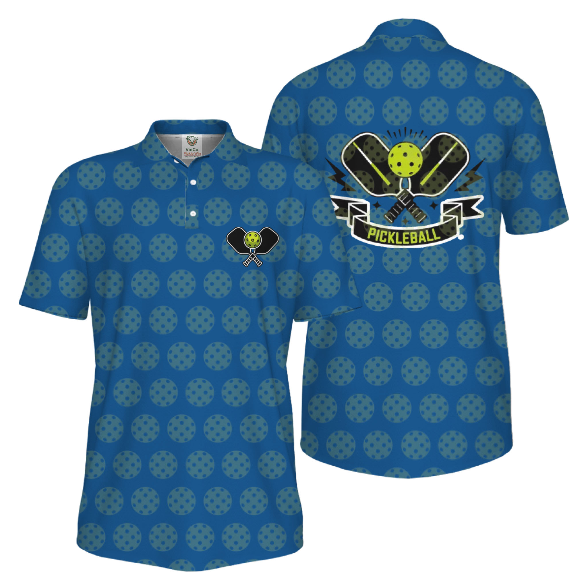 Picklewin All Over Printed Pickleball Polo Shirt Men UV Protection 
