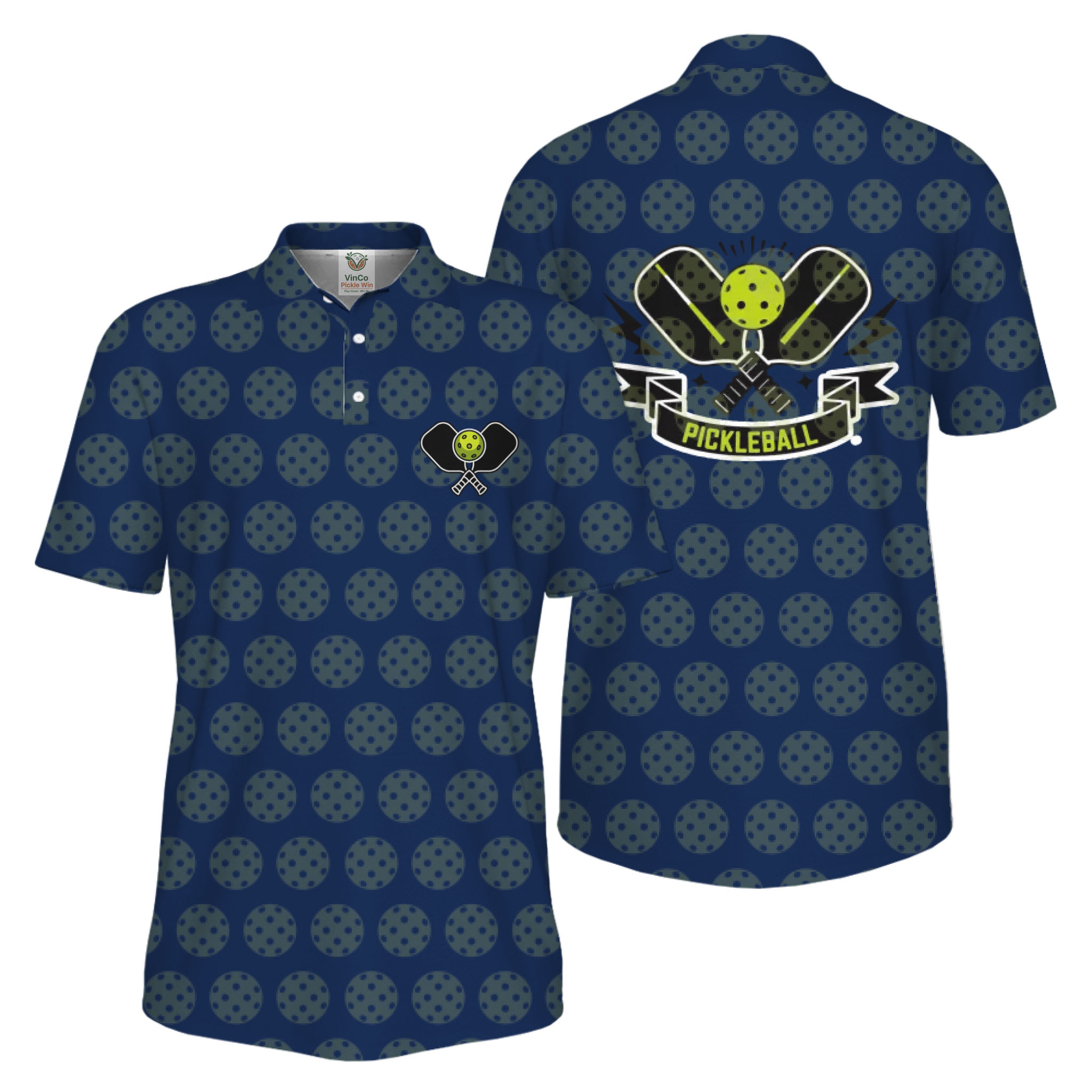 Picklewin All Over Printed Pickleball Polo Shirt Men UV Protection 
