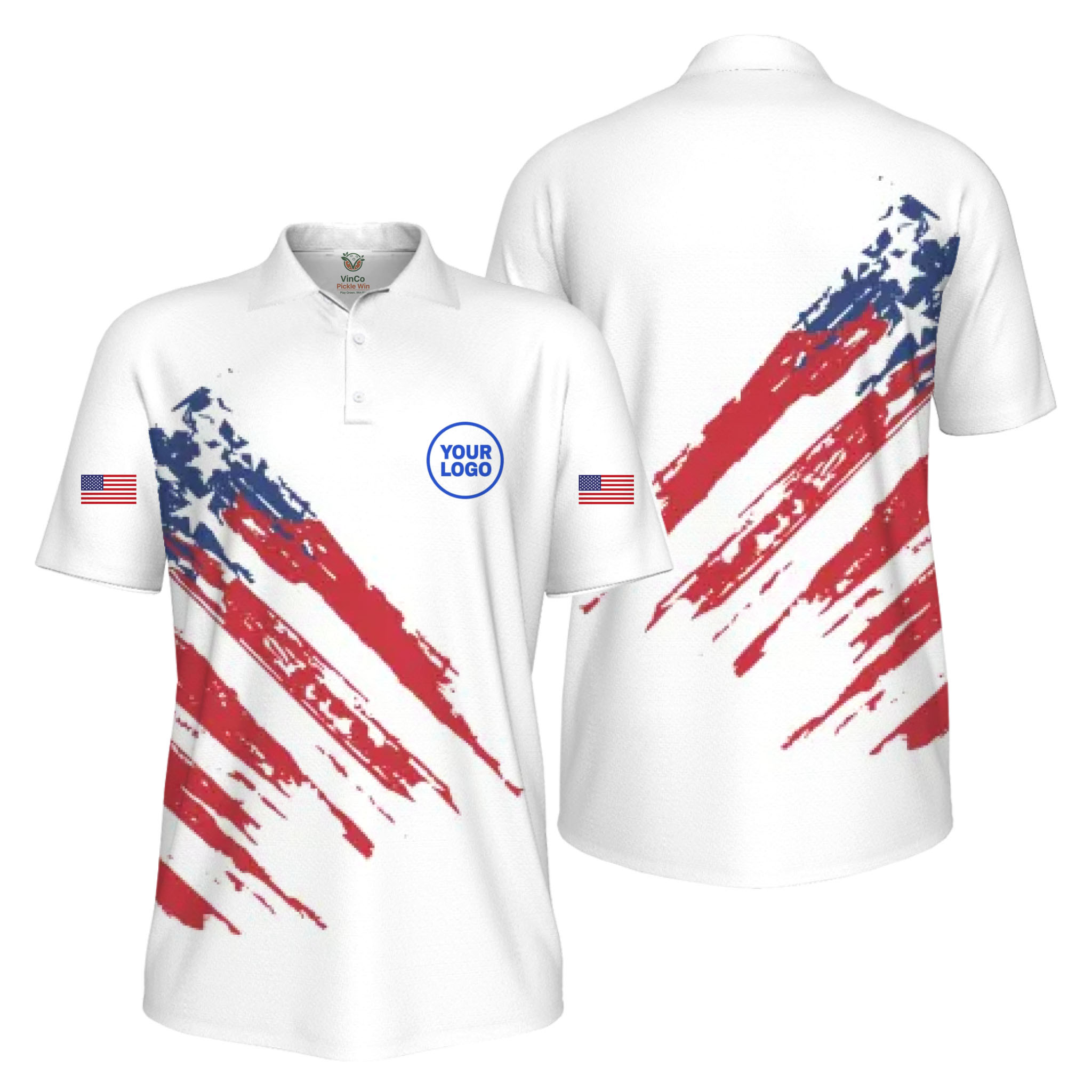 Picklewin Custom Logo Pickleball American Flag Patriotic Polo Shirt For Men