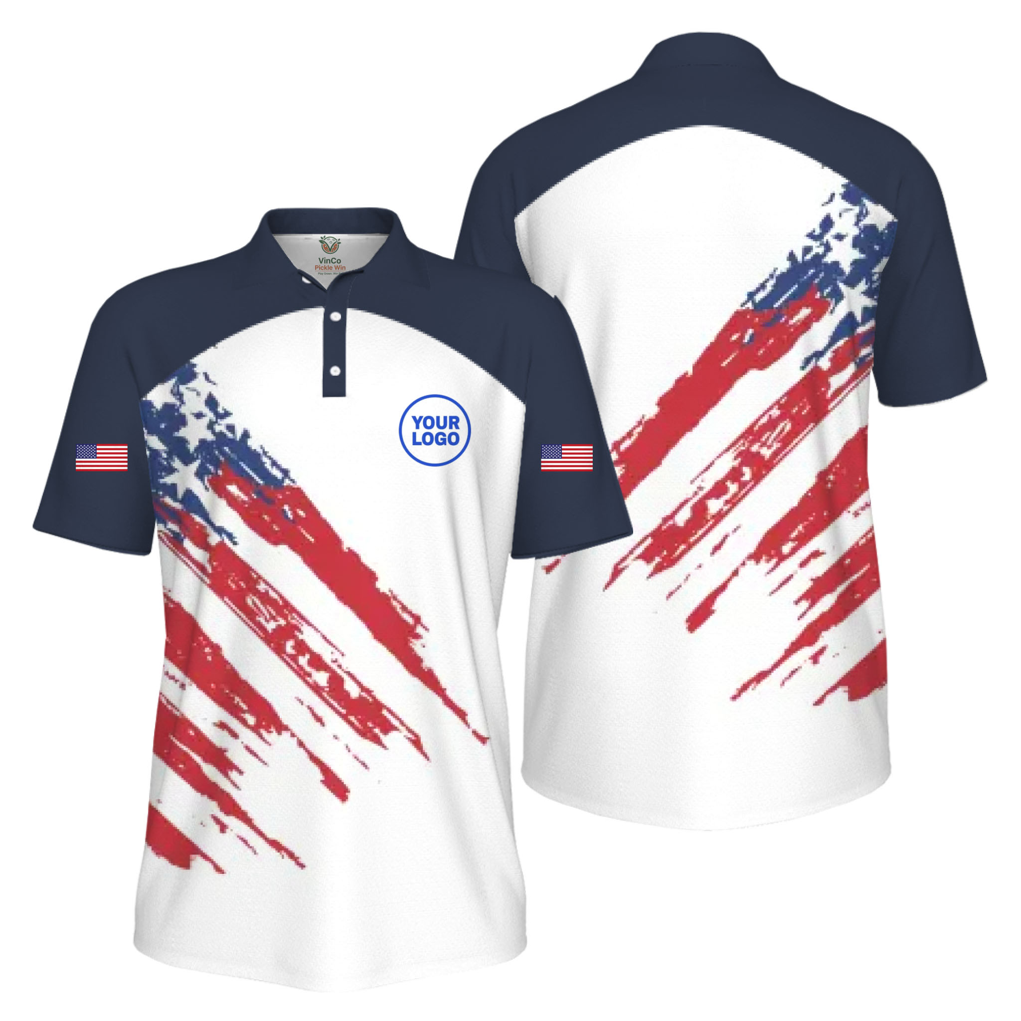 Picklewin Custom Logo Pickleball American Flag Patriotic Polo Shirt For Men