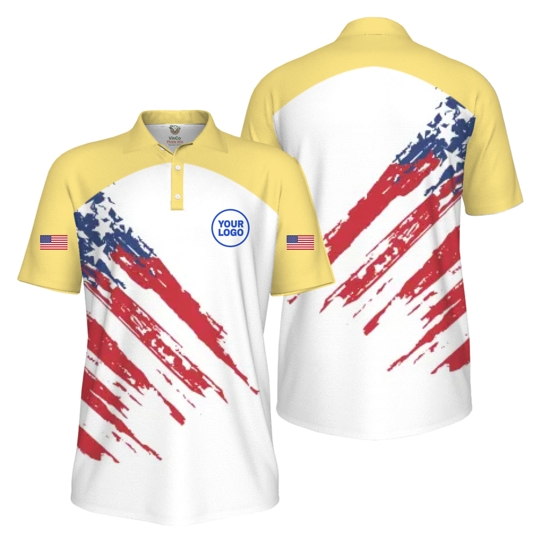 Picklewin Custom Logo Pickleball American Flag Patriotic Polo Shirt For Men