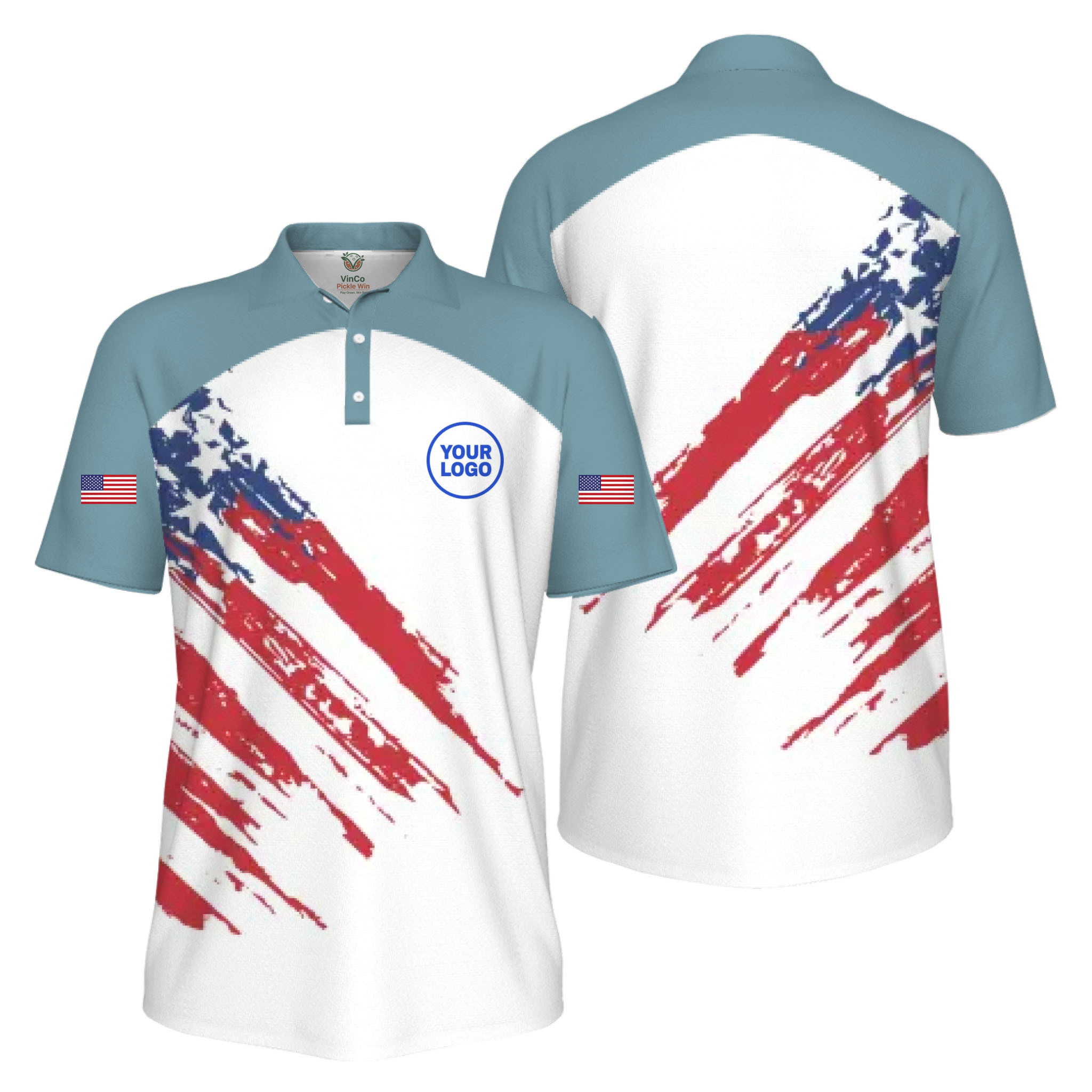 Picklewin Custom Logo Pickleball American Flag Patriotic Polo Shirt For Men