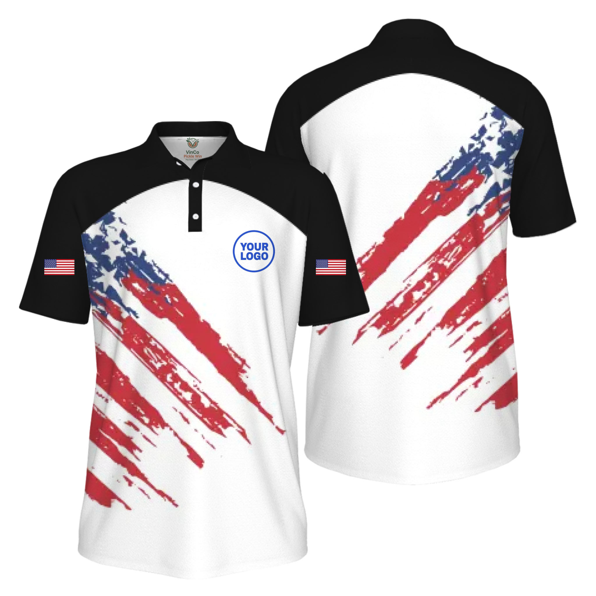 Picklewin Custom Logo Pickleball American Flag Patriotic Polo Shirt For Men