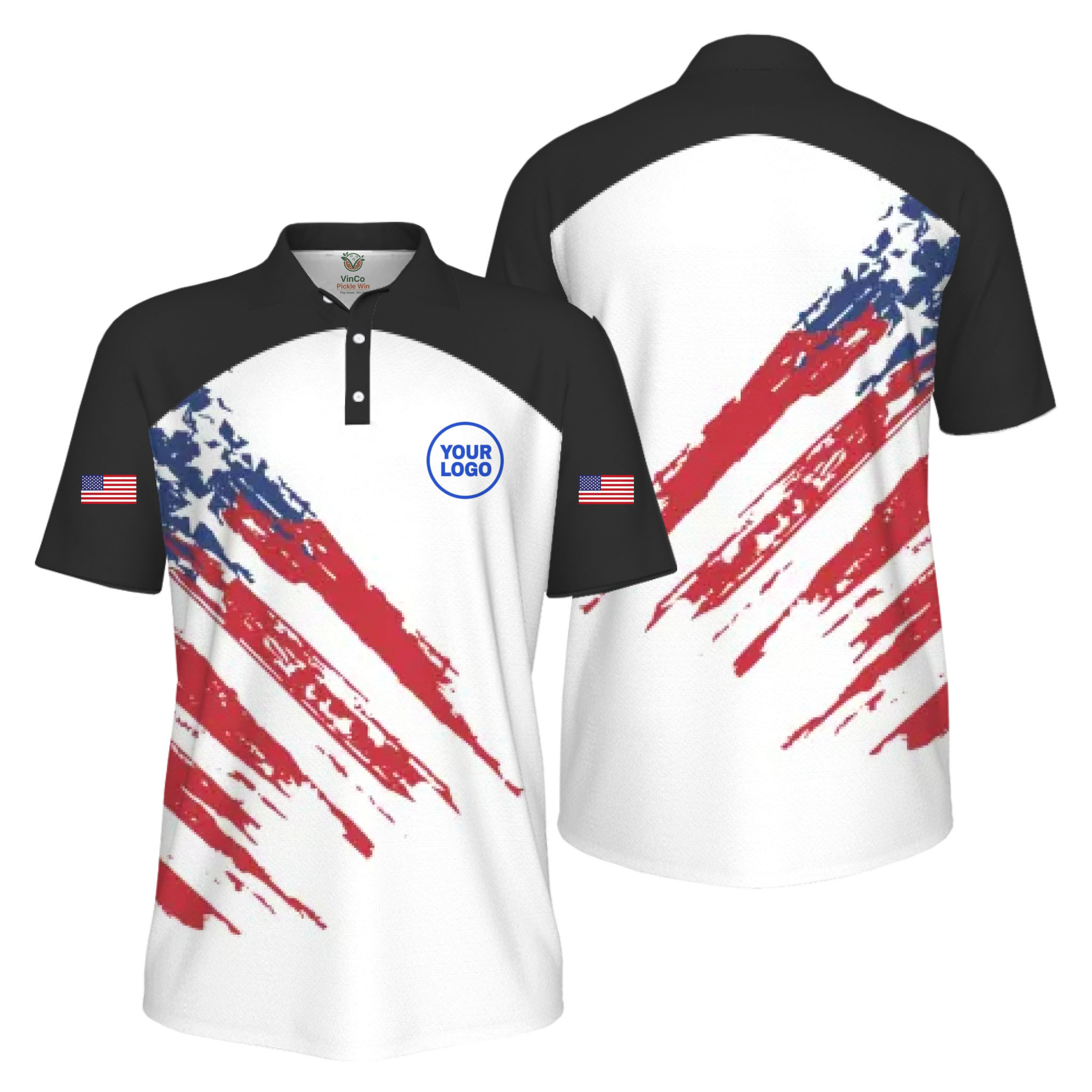Picklewin Custom Logo Pickleball American Flag Patriotic Polo Shirt For Men