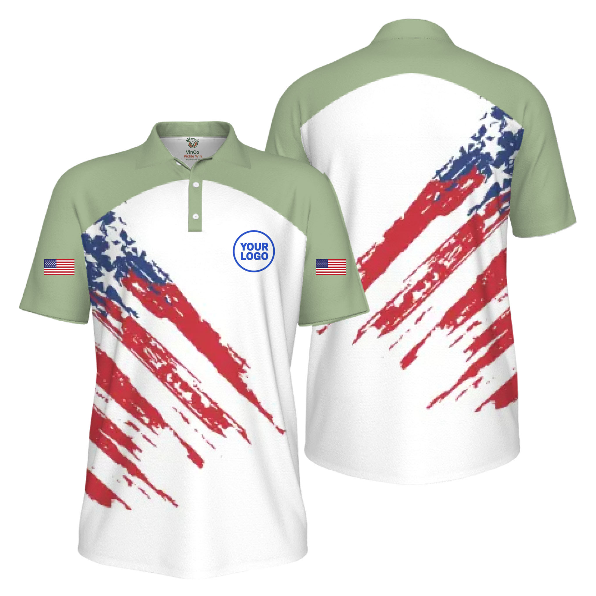 Picklewin Custom Logo Pickleball American Flag Patriotic Polo Shirt For Men