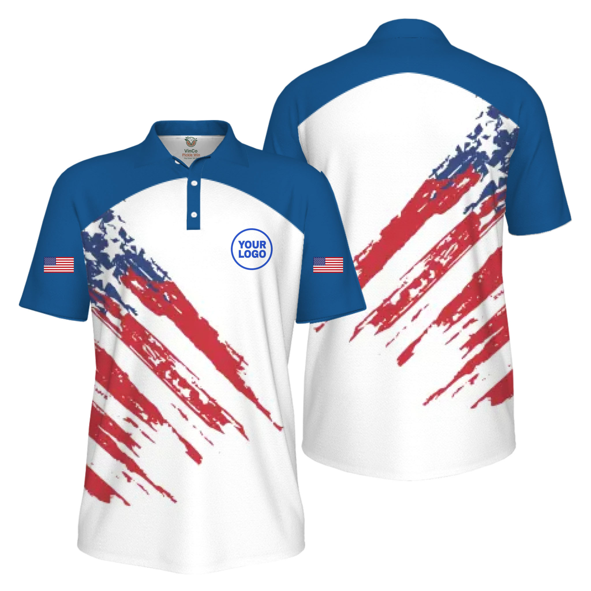 Picklewin Custom Logo Pickleball American Flag Patriotic Polo Shirt For Men