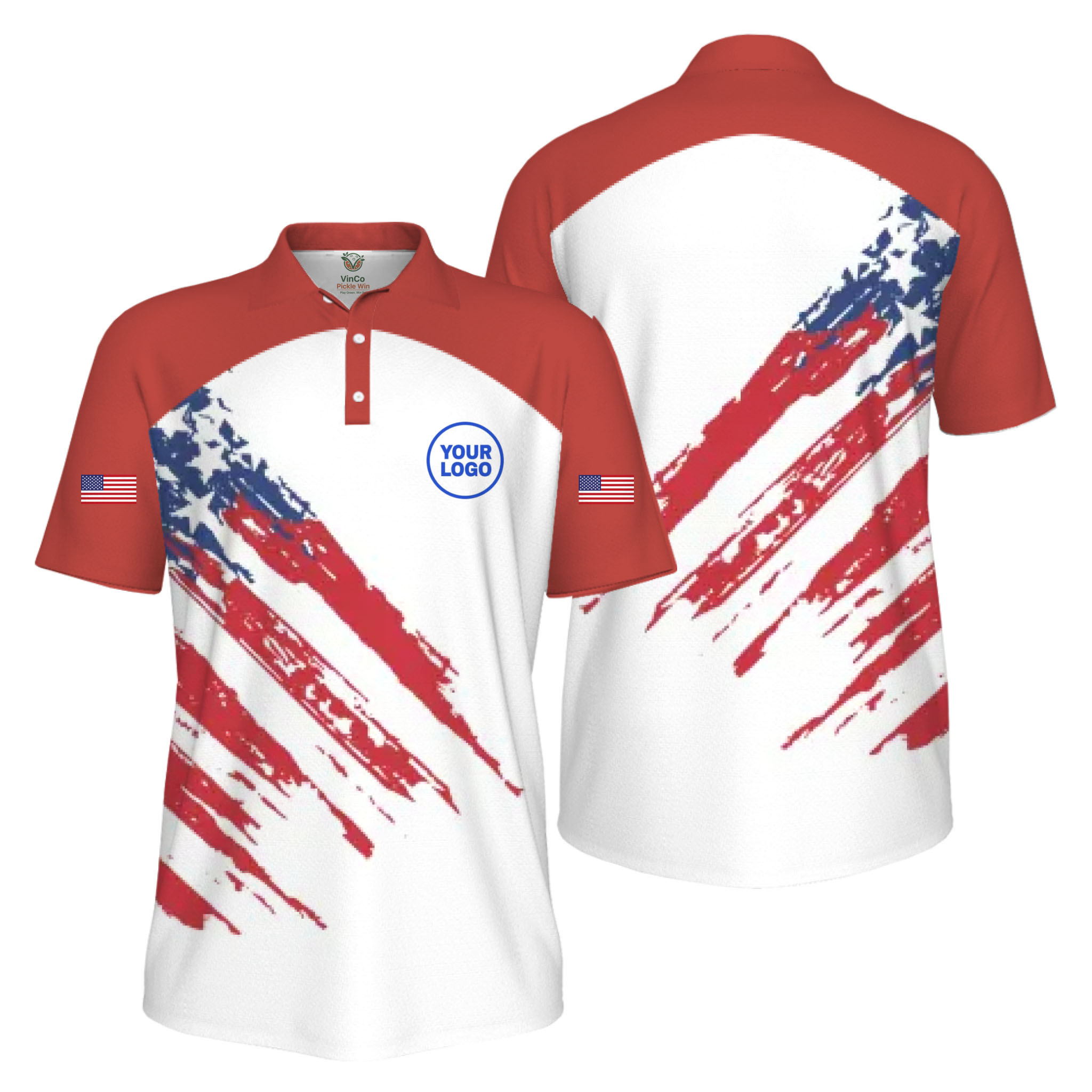 Picklewin Custom Logo Pickleball American Flag Patriotic Polo Shirt For Men