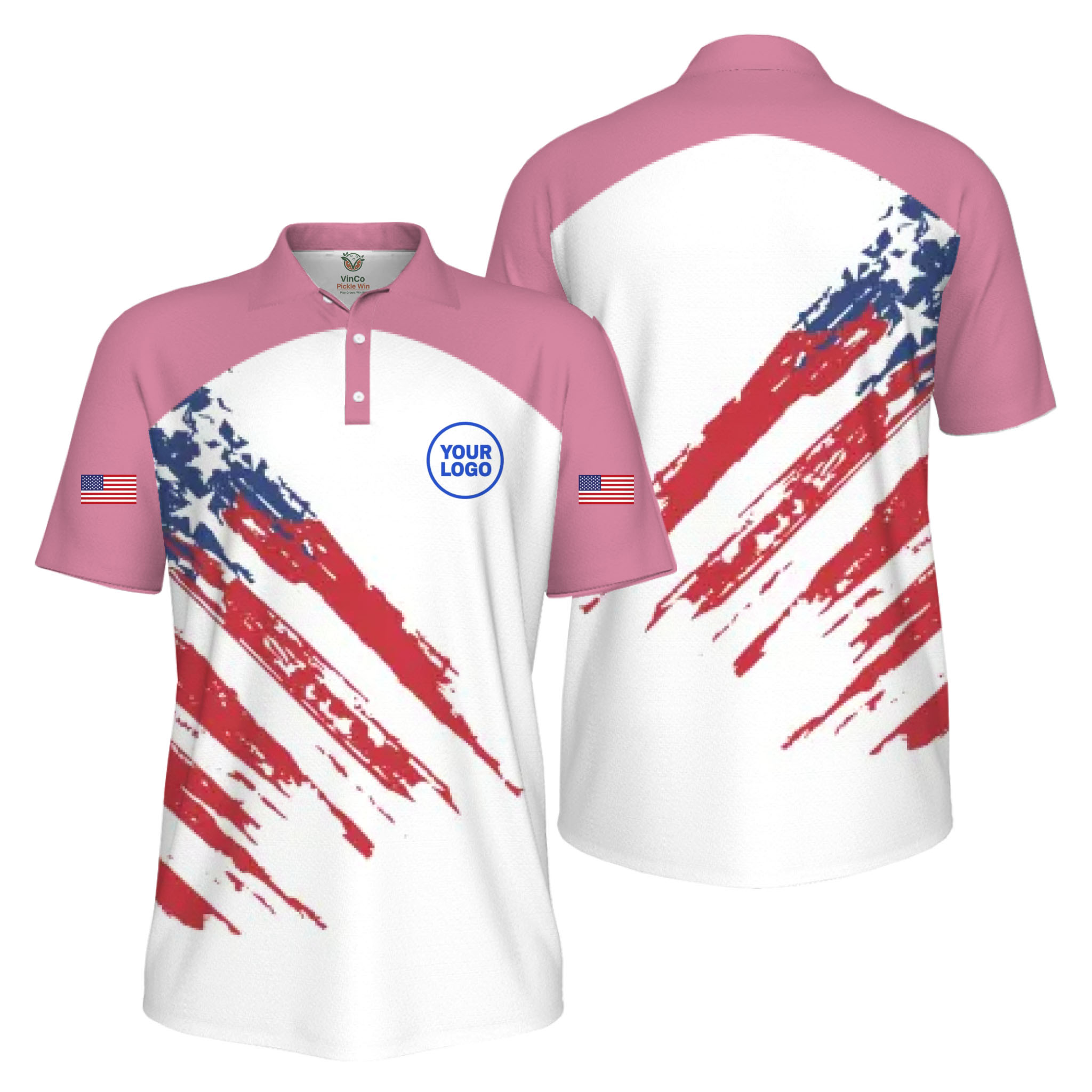 Picklewin Custom Logo Pickleball American Flag Patriotic Polo Shirt For Men