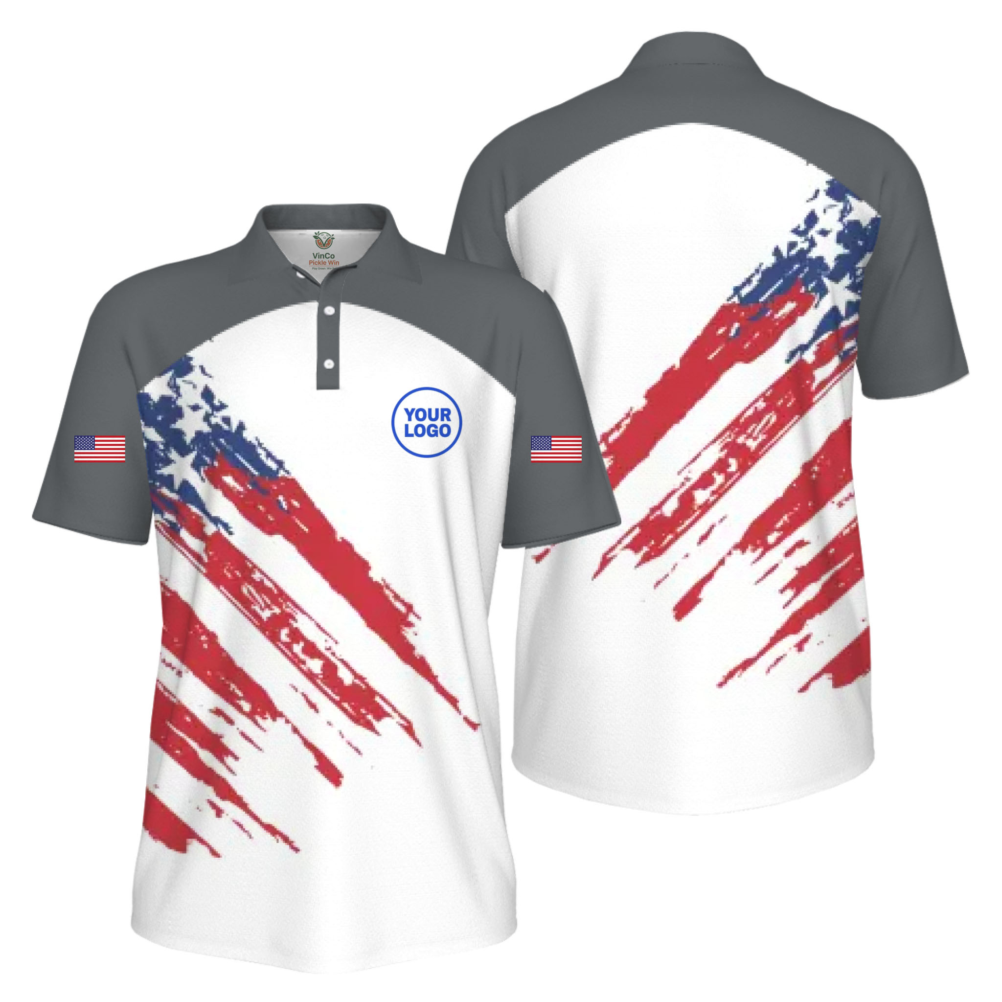 Picklewin Custom Logo Pickleball American Flag Patriotic Polo Shirt For Men
