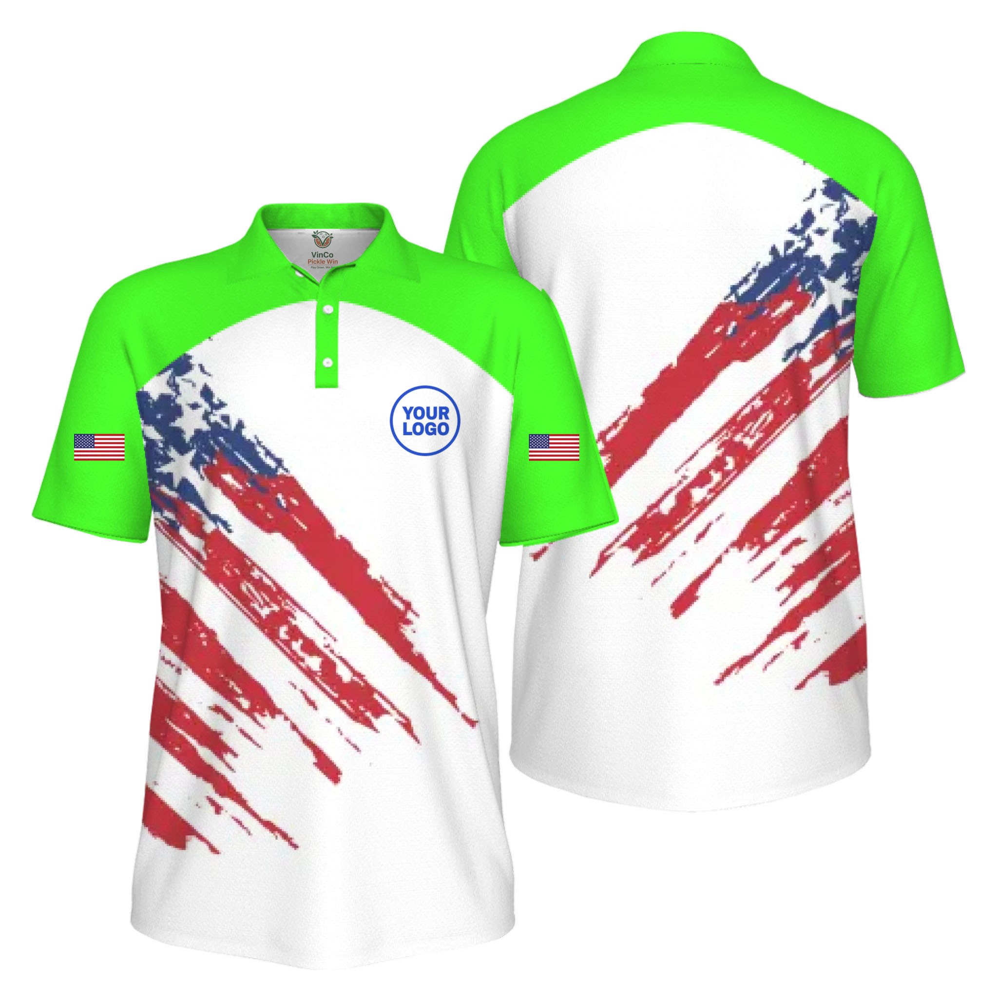 Picklewin Custom Logo Pickleball American Flag Patriotic Polo Shirt For Men