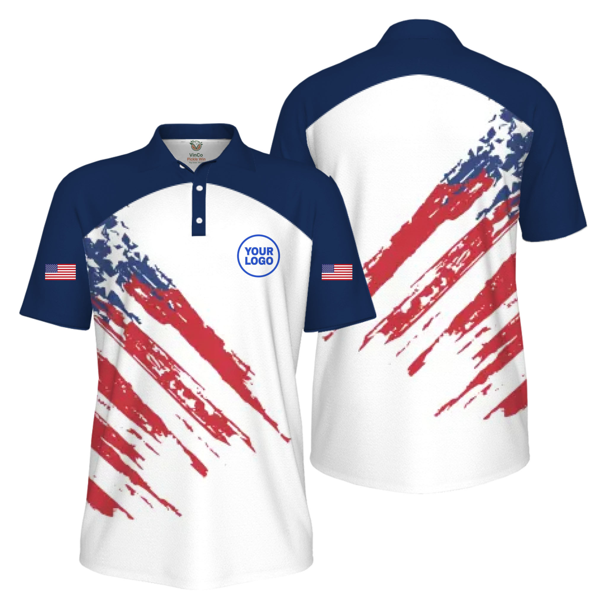 Picklewin Custom Logo Pickleball American Flag Patriotic Polo Shirt For Men