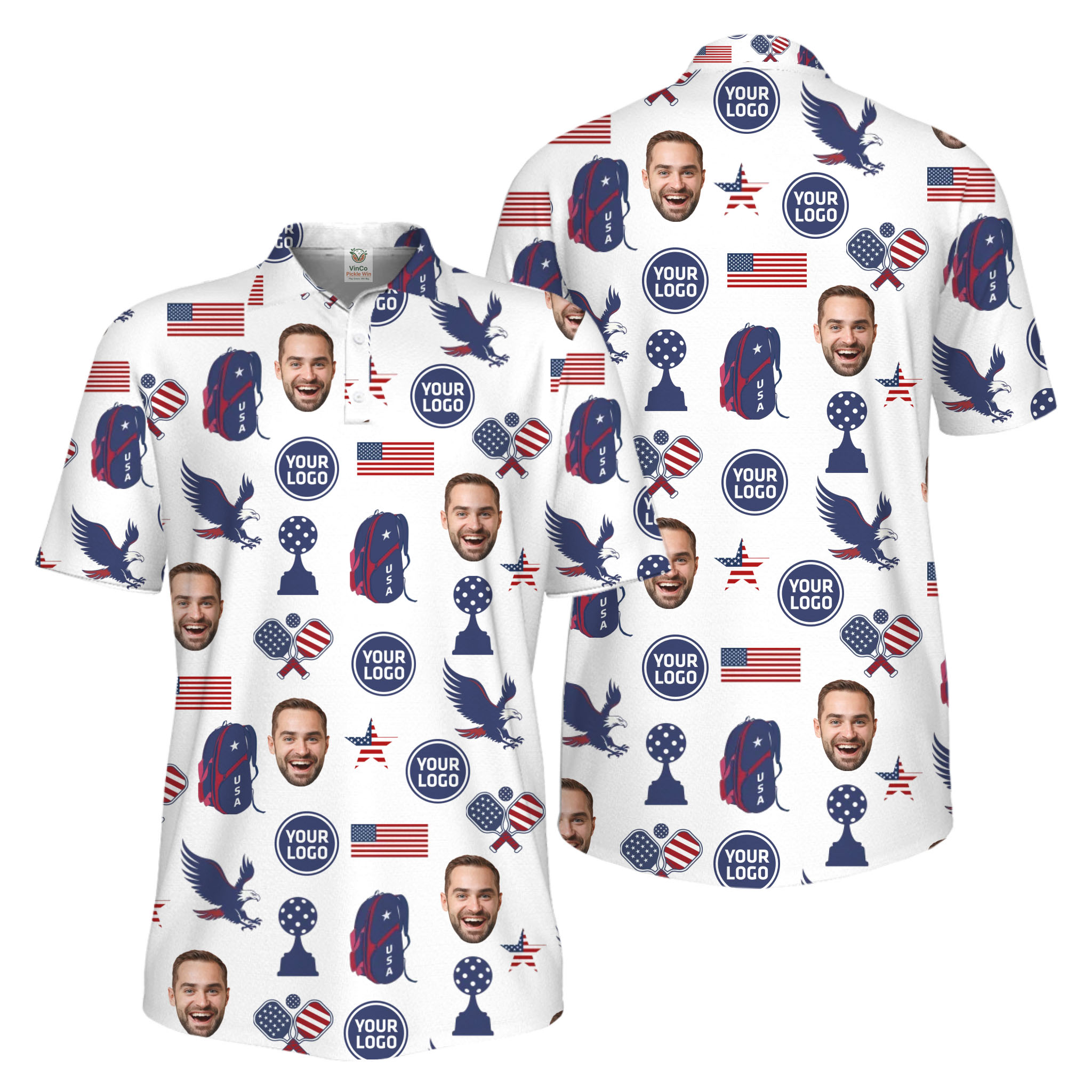 Picklewin Custom Pickleball Patriotic Polo Shirt With Logo and Face Live Preview 