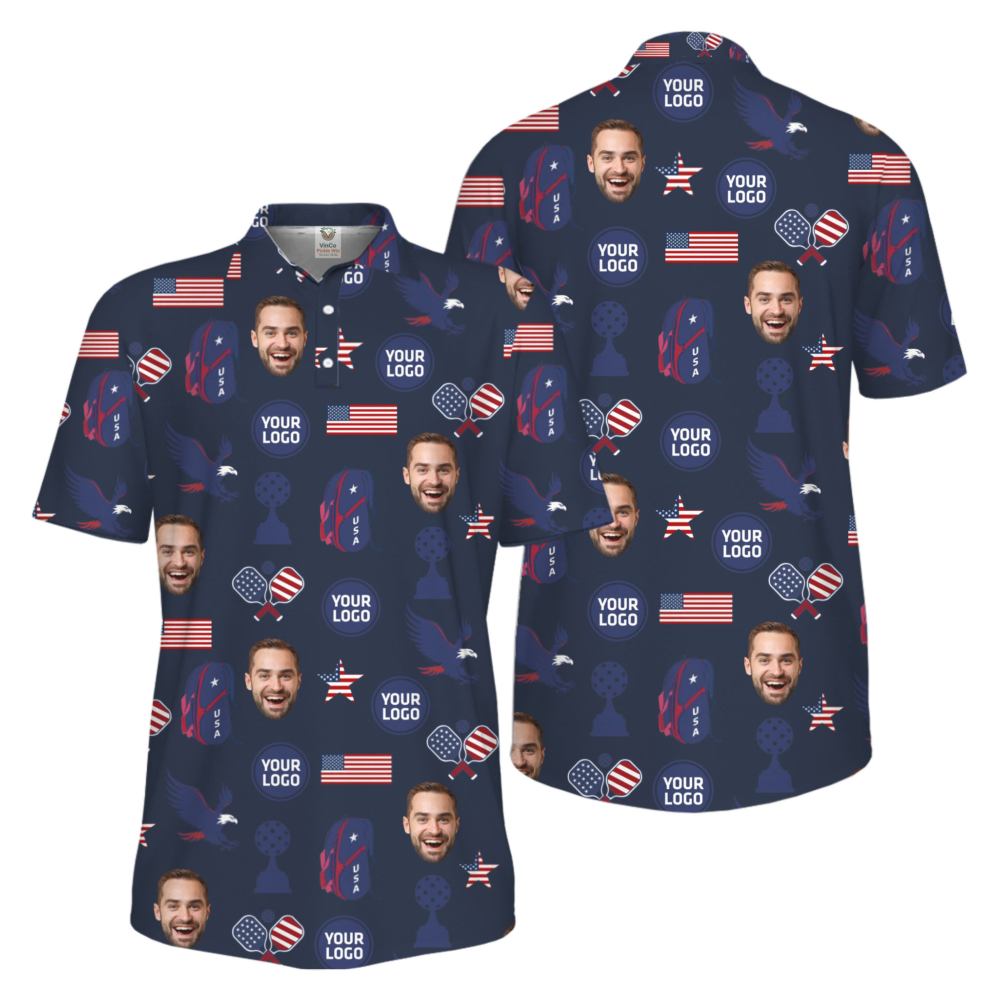 Picklewin Custom Pickleball Patriotic Polo Shirt With Logo and Face Live Preview 