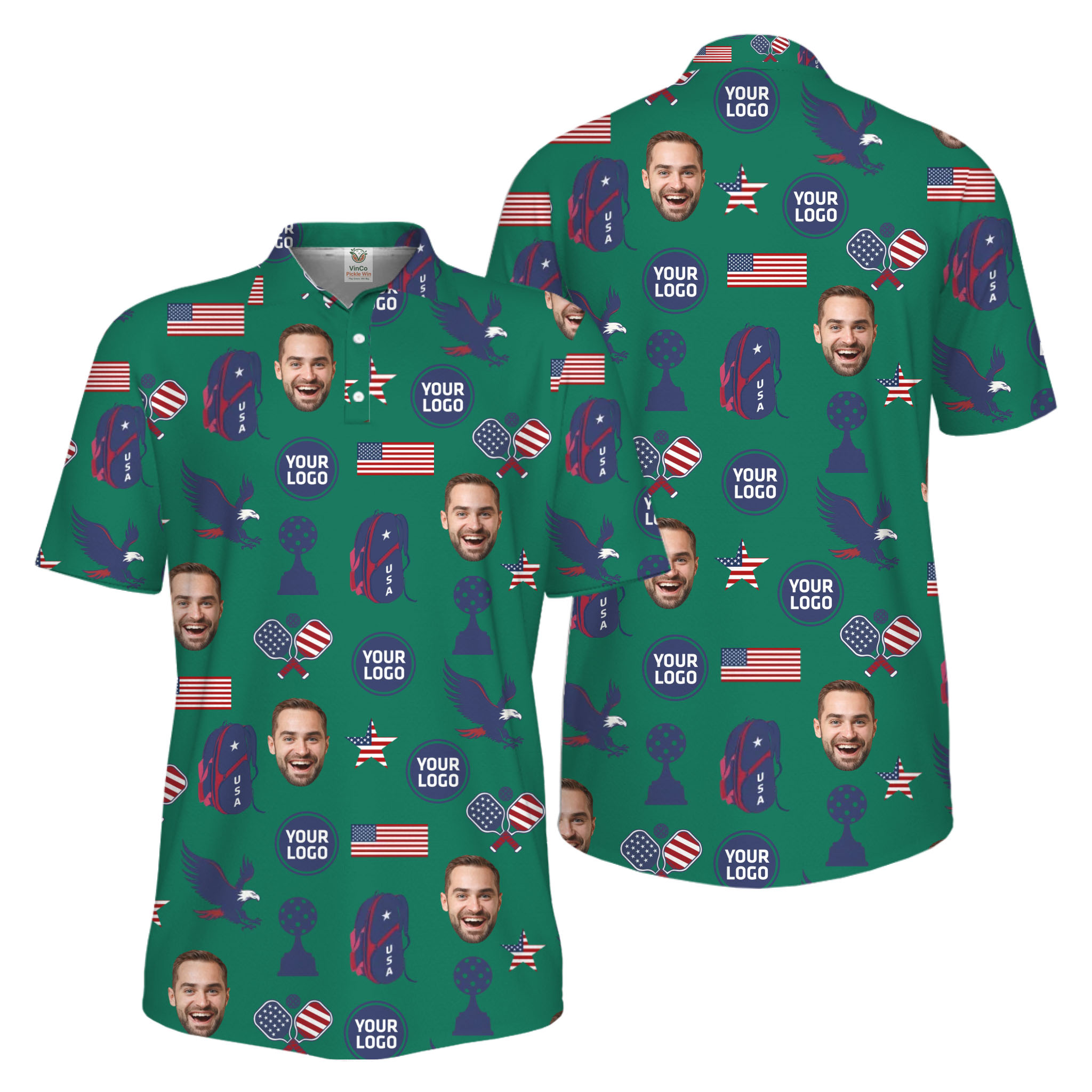 Picklewin Custom Pickleball Patriotic Polo Shirt With Logo and Face Live Preview 