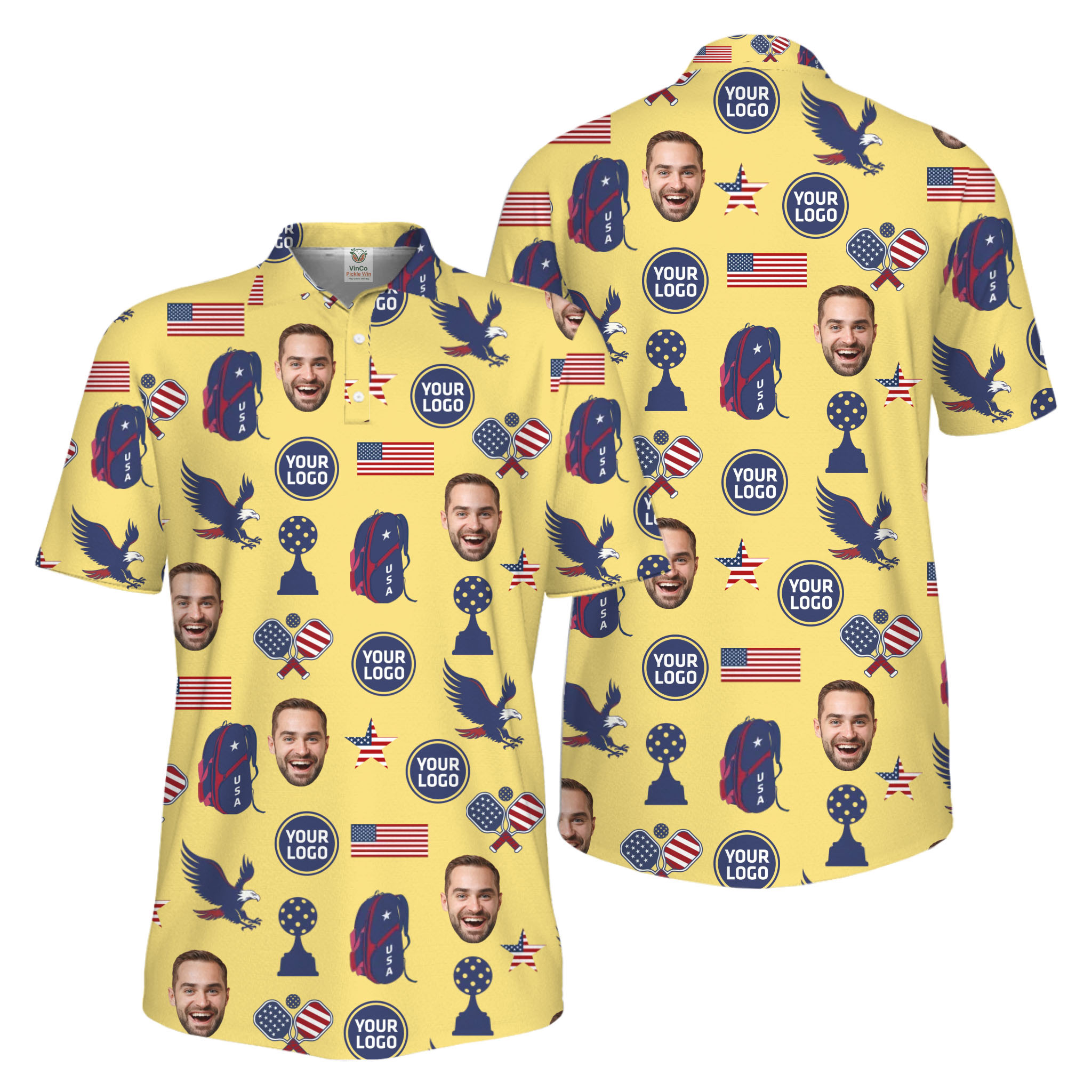 Picklewin Custom Pickleball Patriotic Polo Shirt With Logo and Face Live Preview 