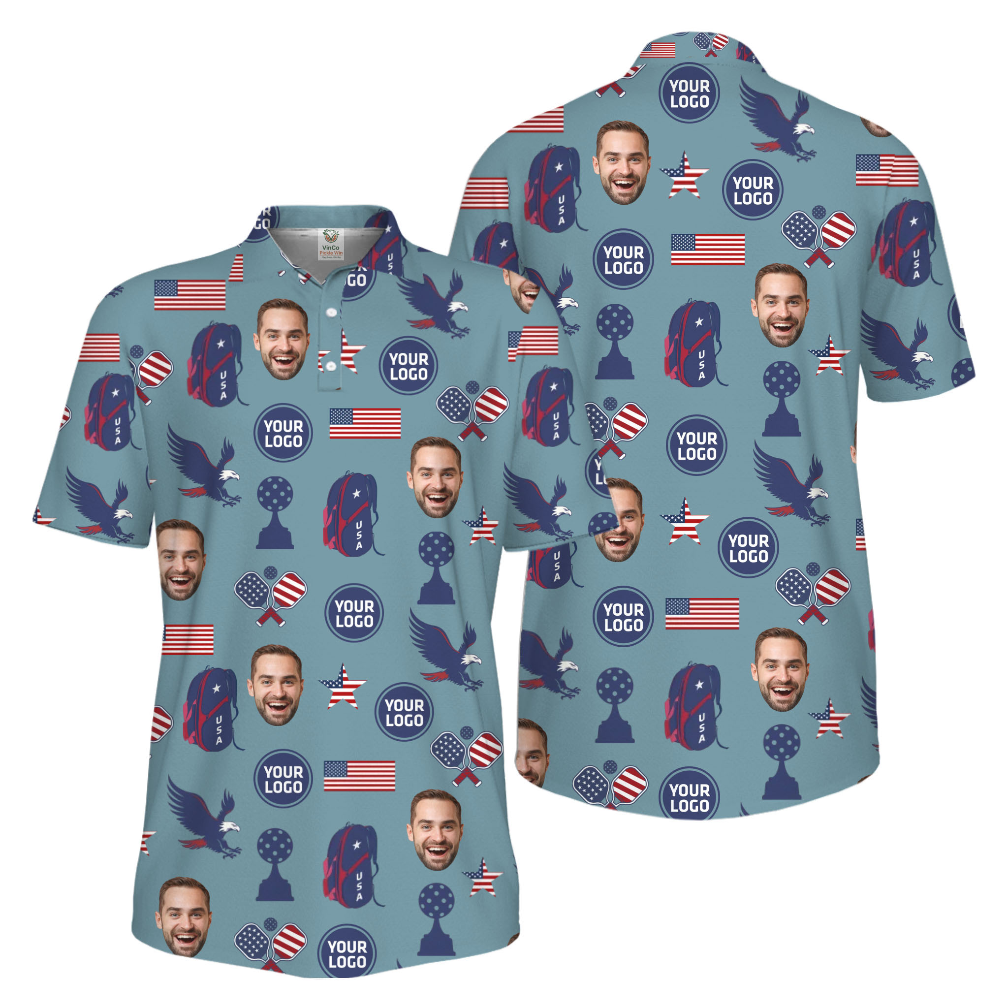 Picklewin Custom Pickleball Patriotic Polo Shirt With Logo and Face Live Preview 