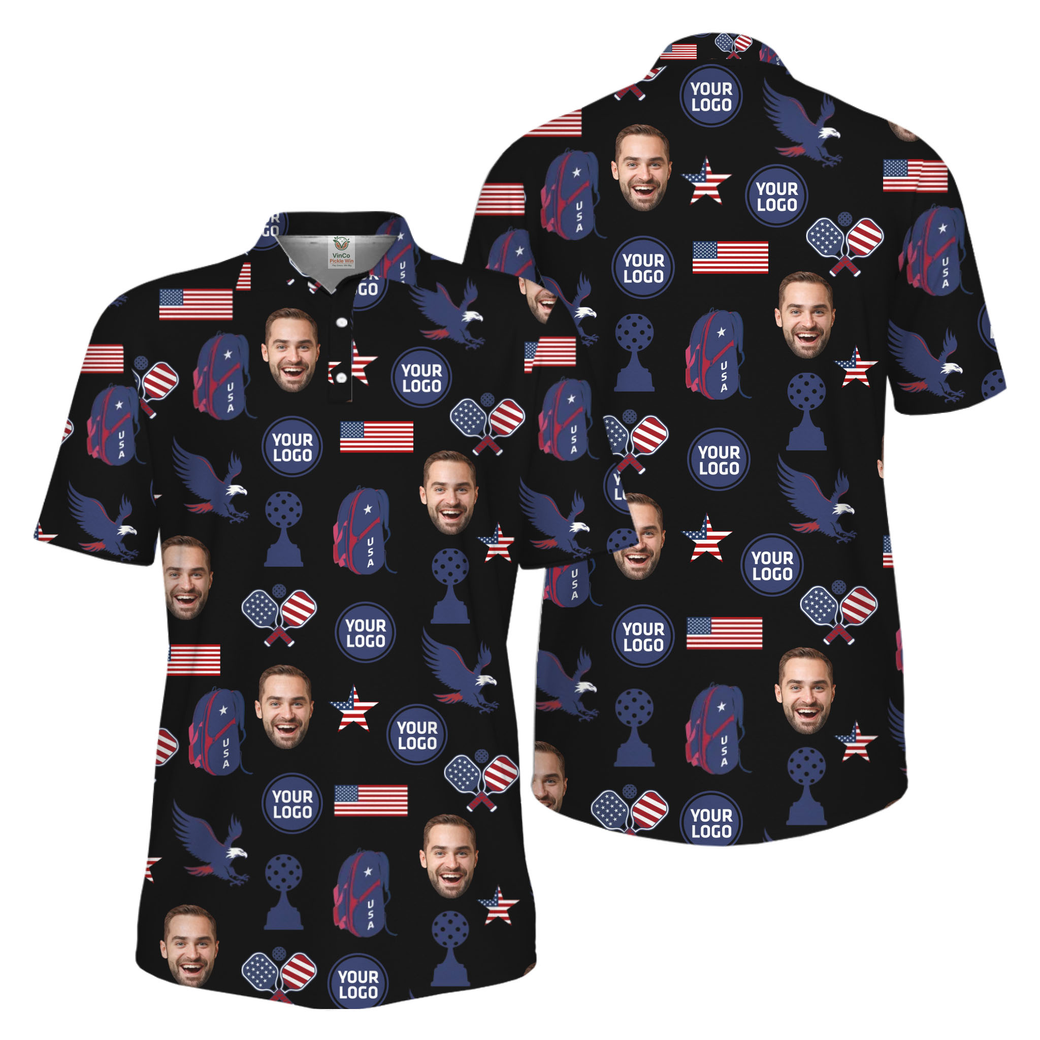 Picklewin Custom Pickleball Patriotic Polo Shirt With Logo and Face Live Preview 