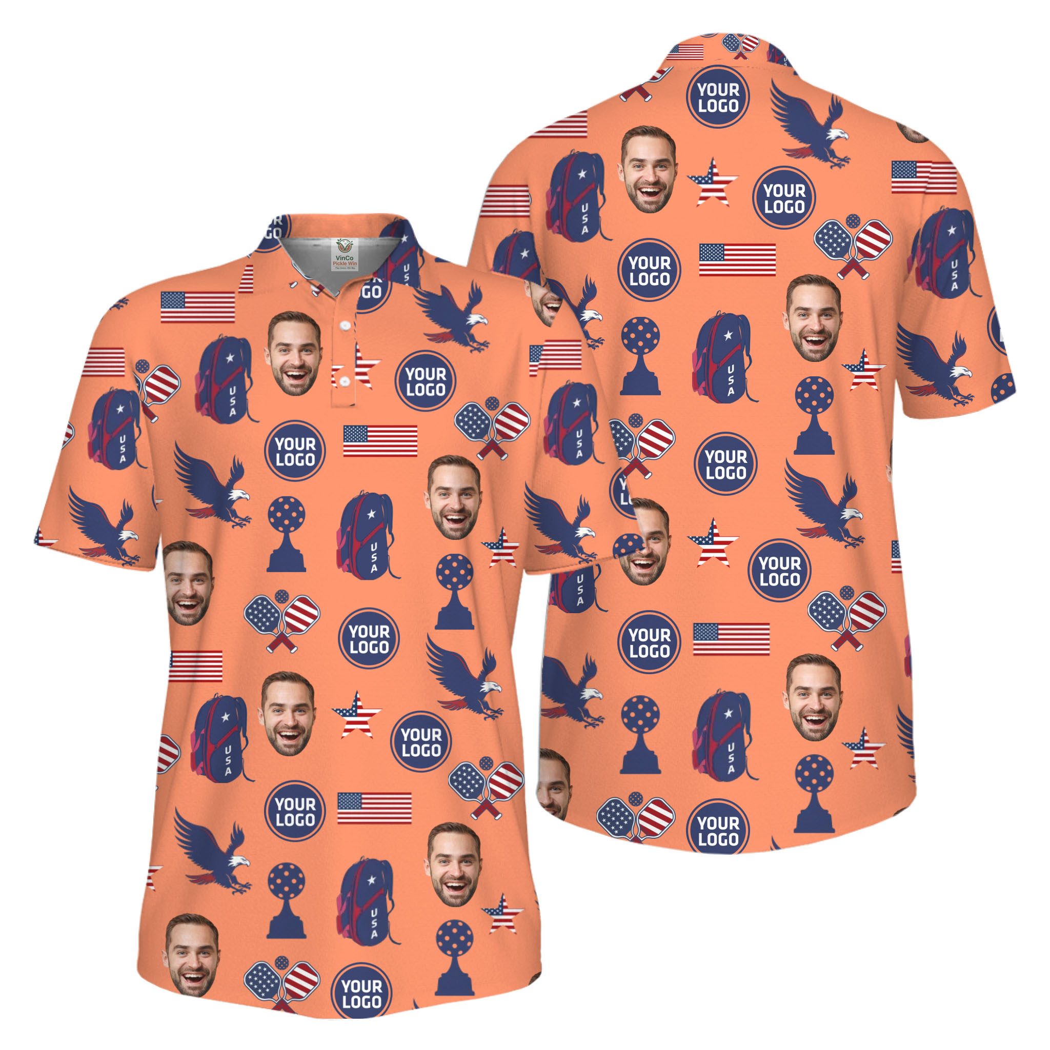 Picklewin Custom Pickleball Patriotic Polo Shirt With Logo and Face Live Preview 