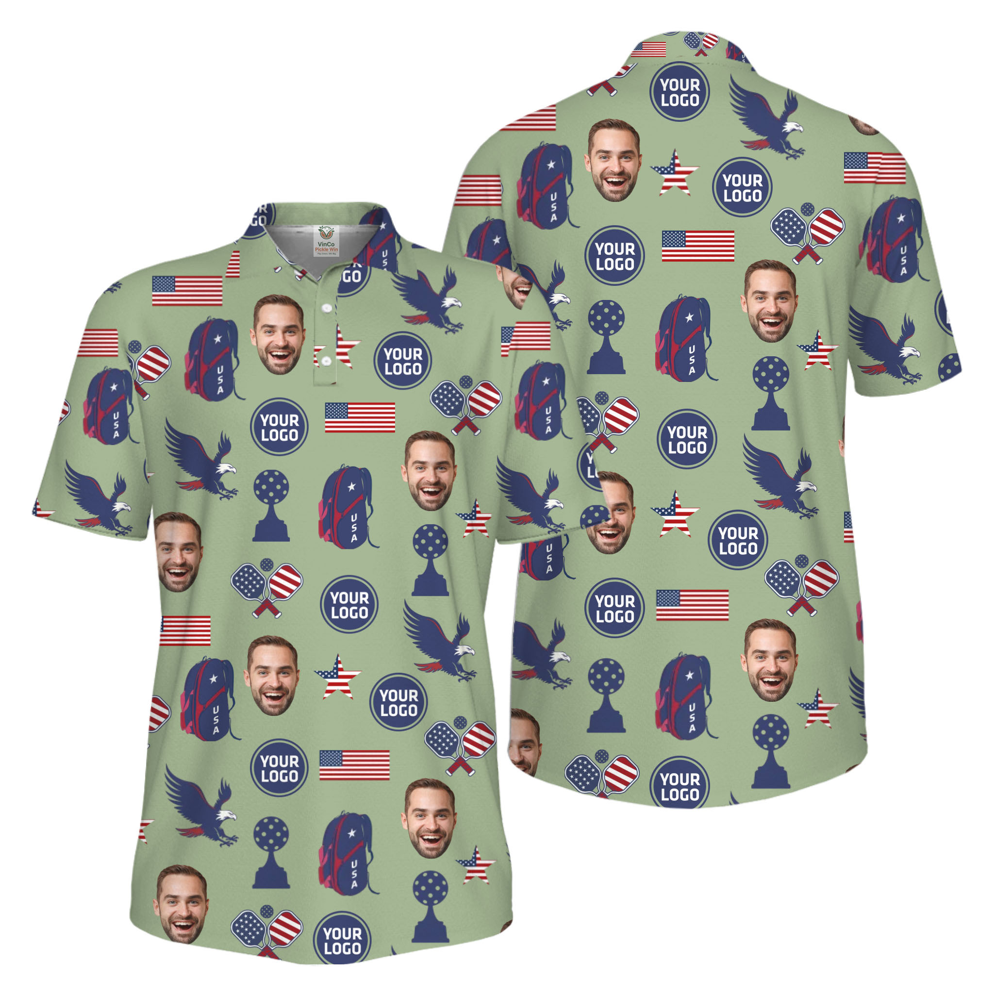 Picklewin Custom Pickleball Patriotic Polo Shirt With Logo and Face Live Preview 