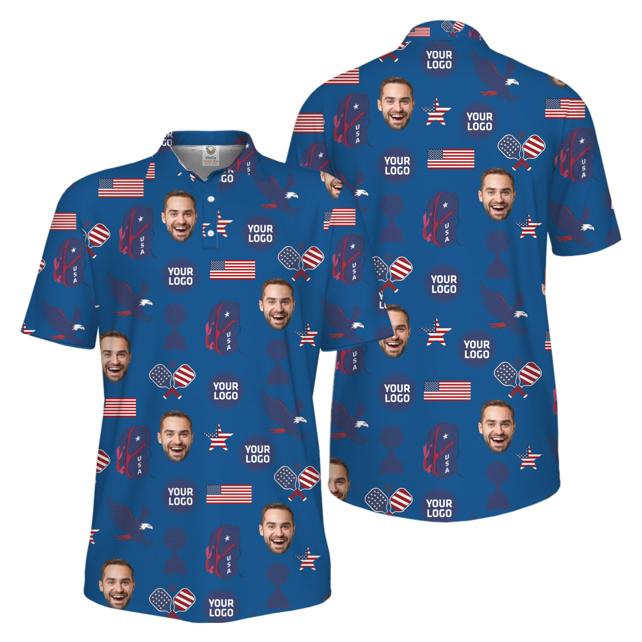 Picklewin Custom Pickleball Patriotic Polo Shirt With Logo and Face Live Preview 