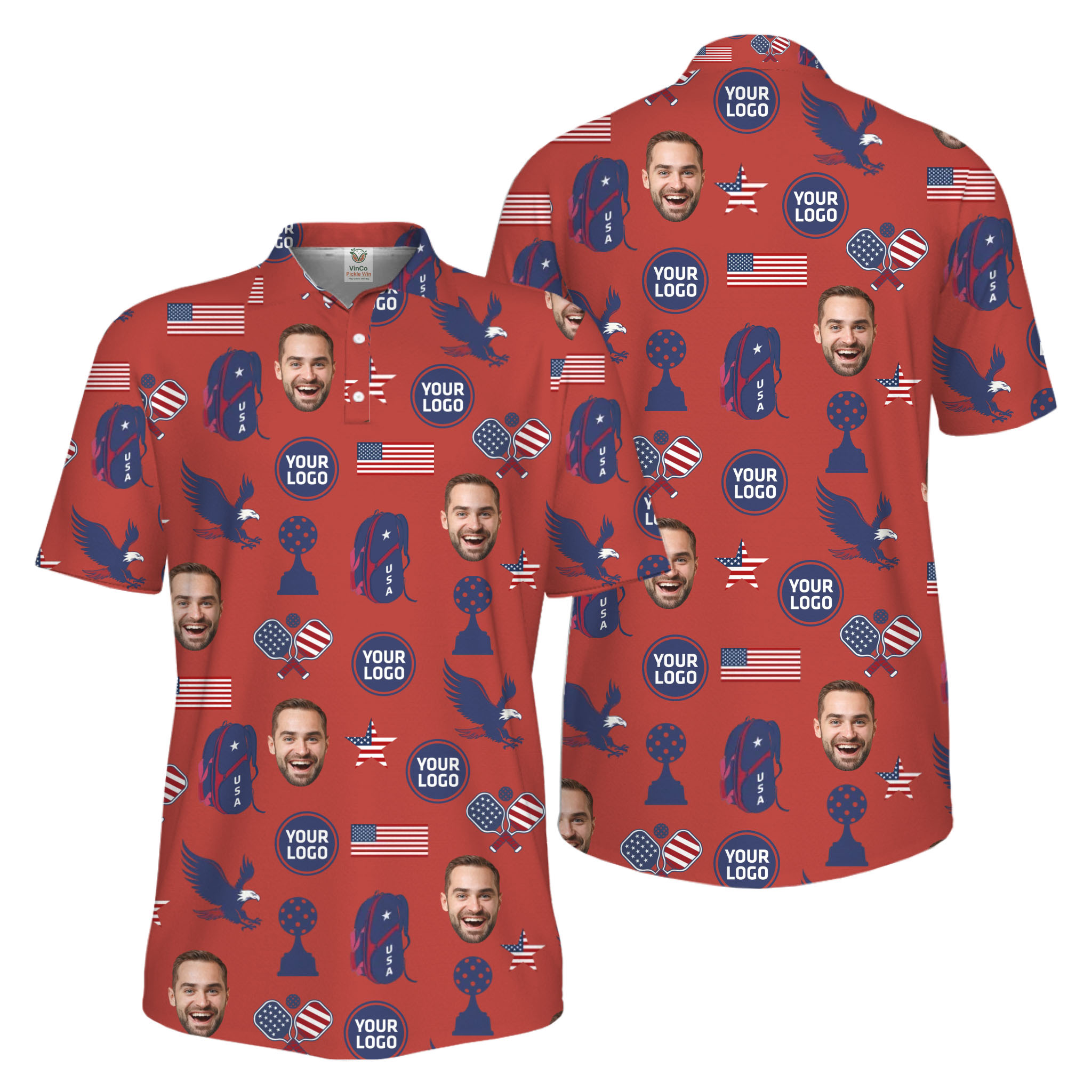 Picklewin Custom Pickleball Patriotic Polo Shirt With Logo and Face Live Preview 