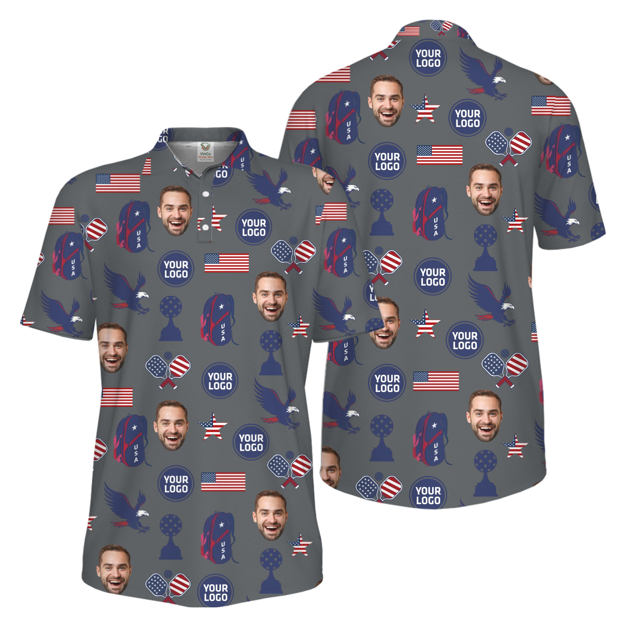 Picklewin Custom Pickleball Patriotic Polo Shirt With Logo and Face Live Preview 