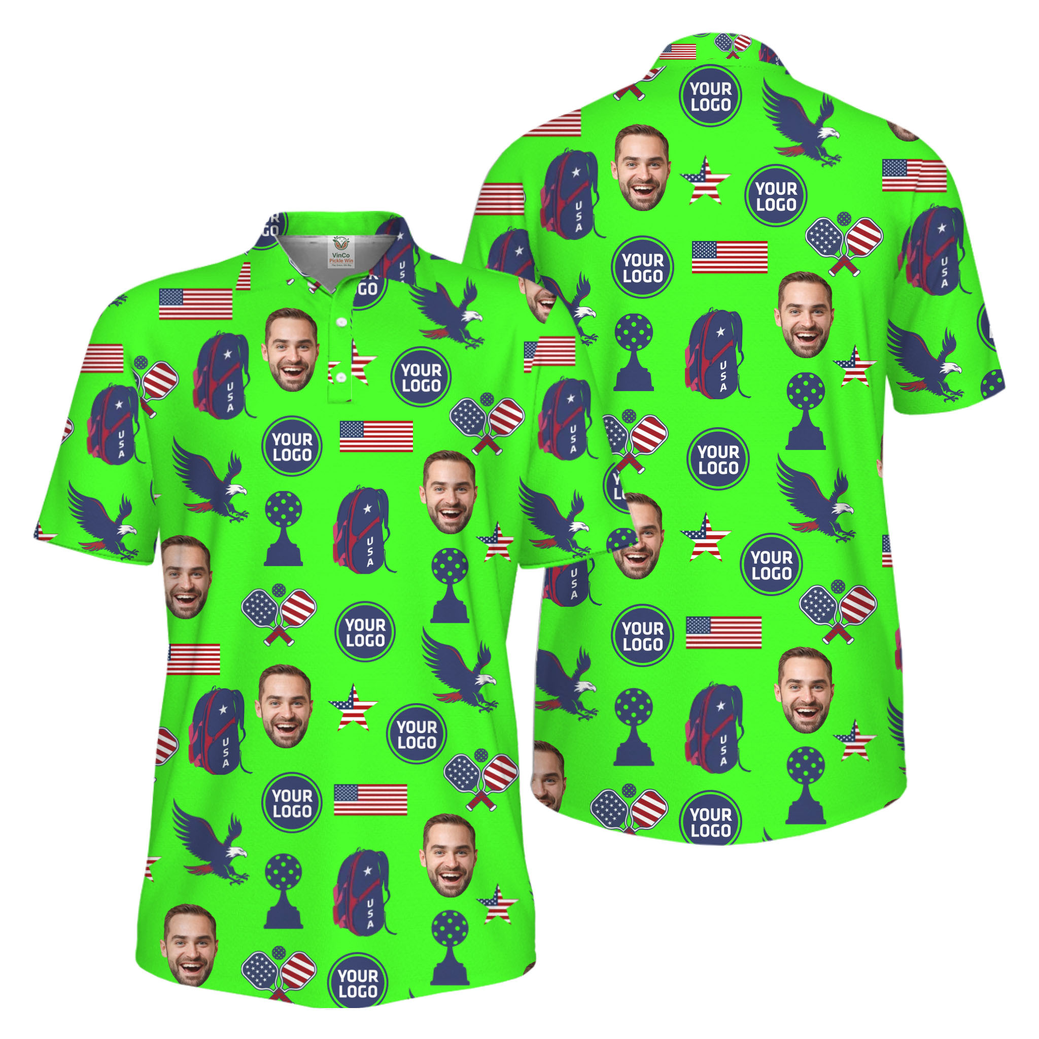 Picklewin Custom Pickleball Patriotic Polo Shirt With Logo and Face Live Preview 