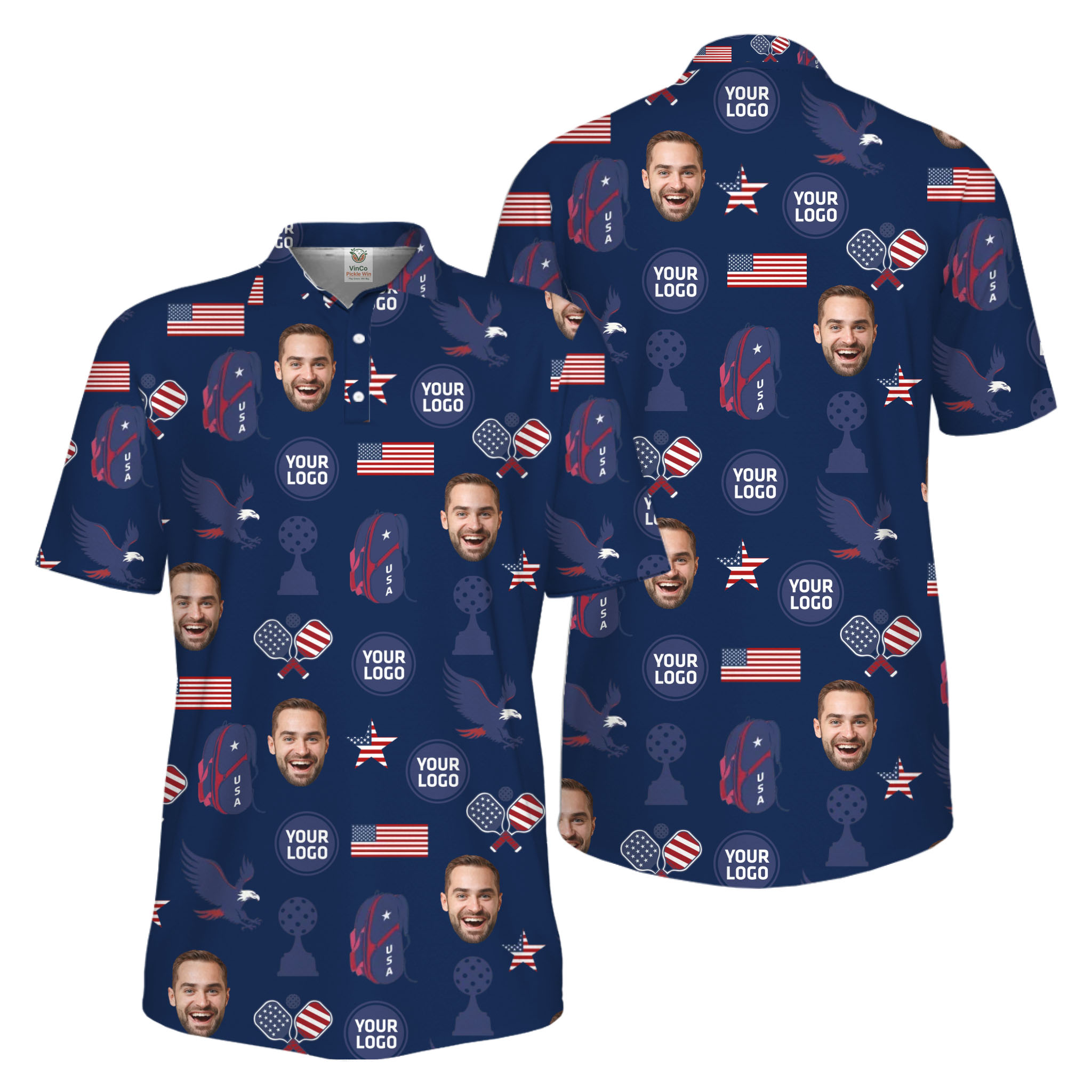 Picklewin Custom Pickleball Patriotic Polo Shirt With Logo and Face Live Preview 