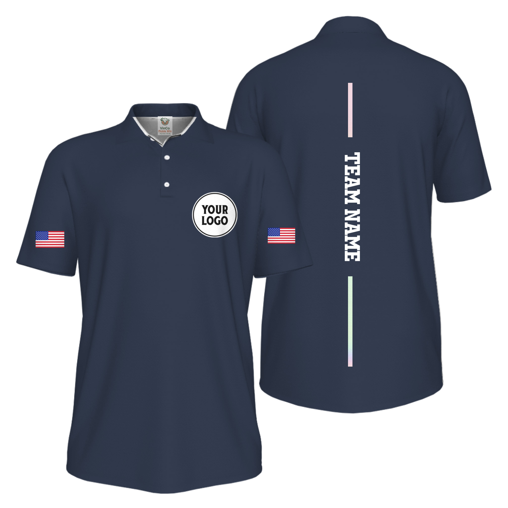 Picklewin Patriotic Custom Logo And Vertical Name UV Protection Men Pickleball Polo Shirt 