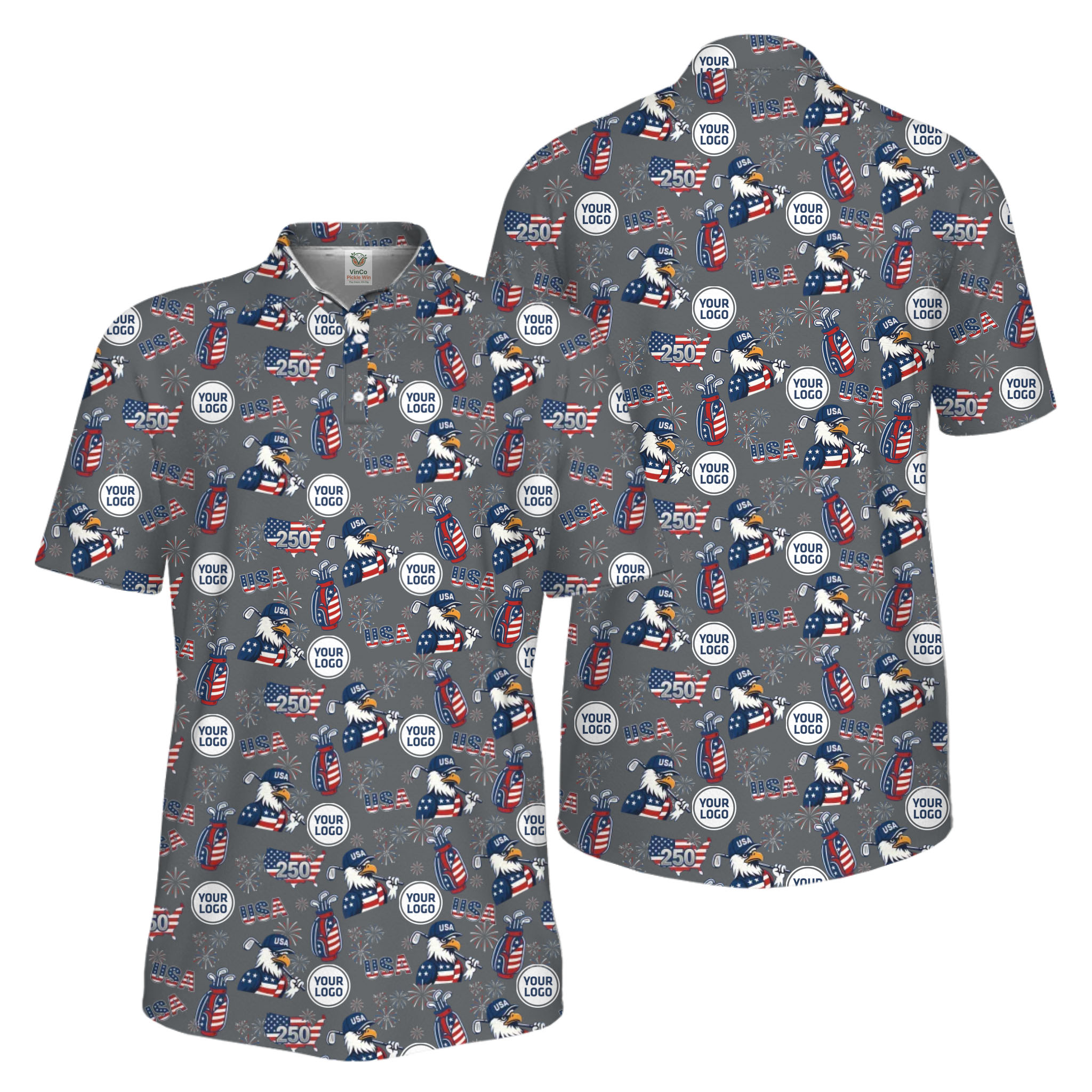 Picklewin Patriotic Custom Multiple Logos Pickleball Men Polo Shirt 250 Years Of USA 