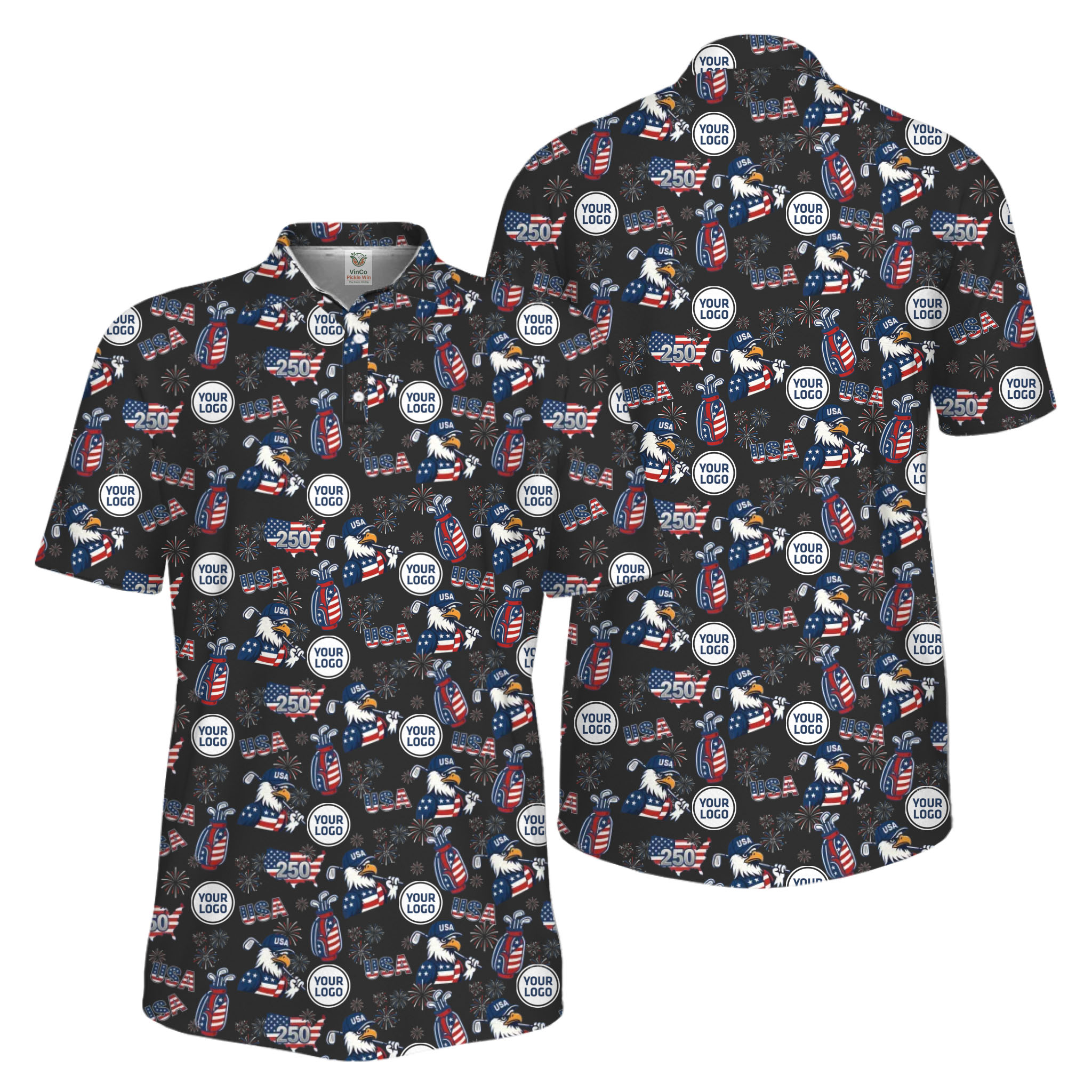 Picklewin Patriotic Custom Multiple Logos Pickleball Men Polo Shirt 250 Years Of USA 