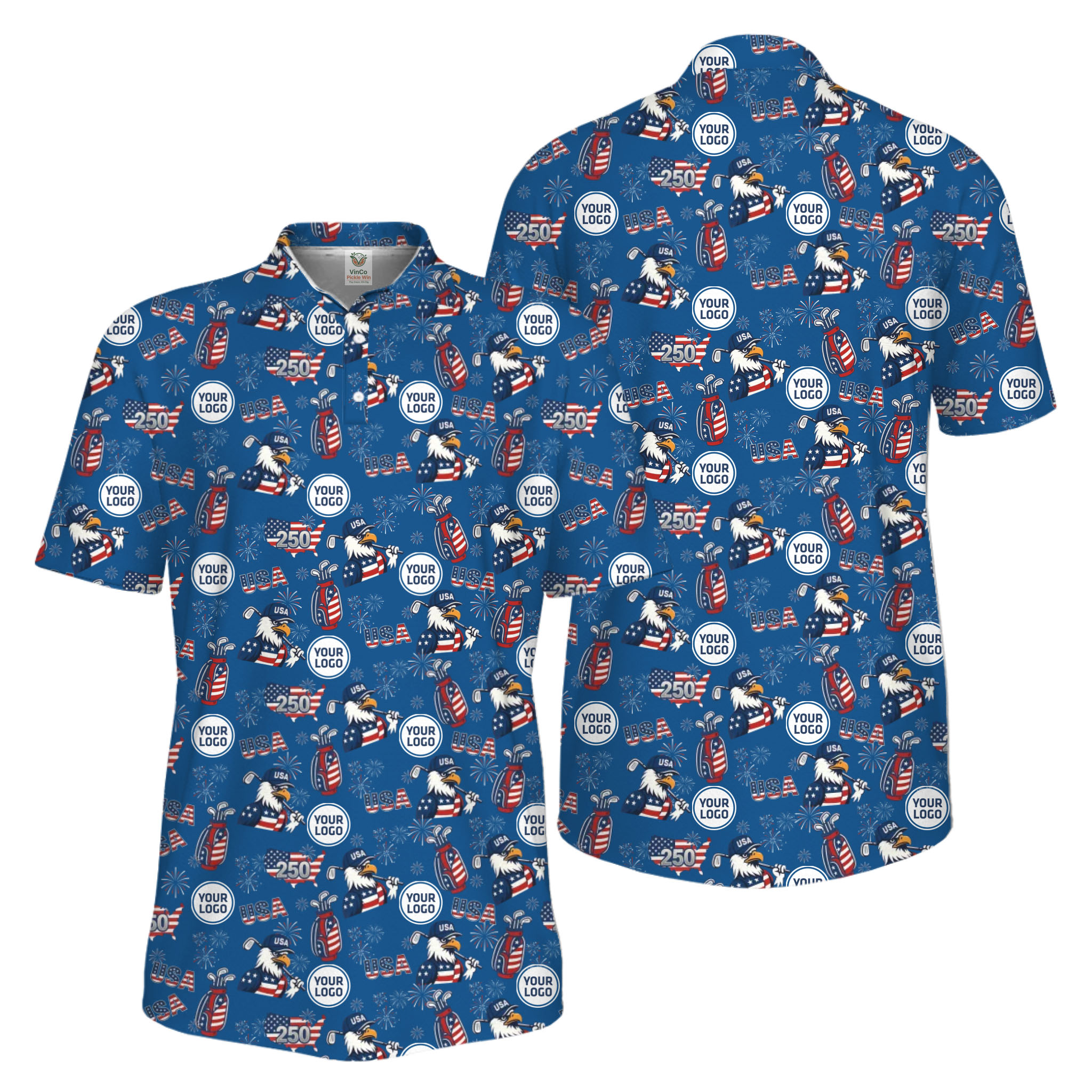 Picklewin Patriotic Custom Multiple Logos Pickleball Men Polo Shirt 250 Years Of USA 