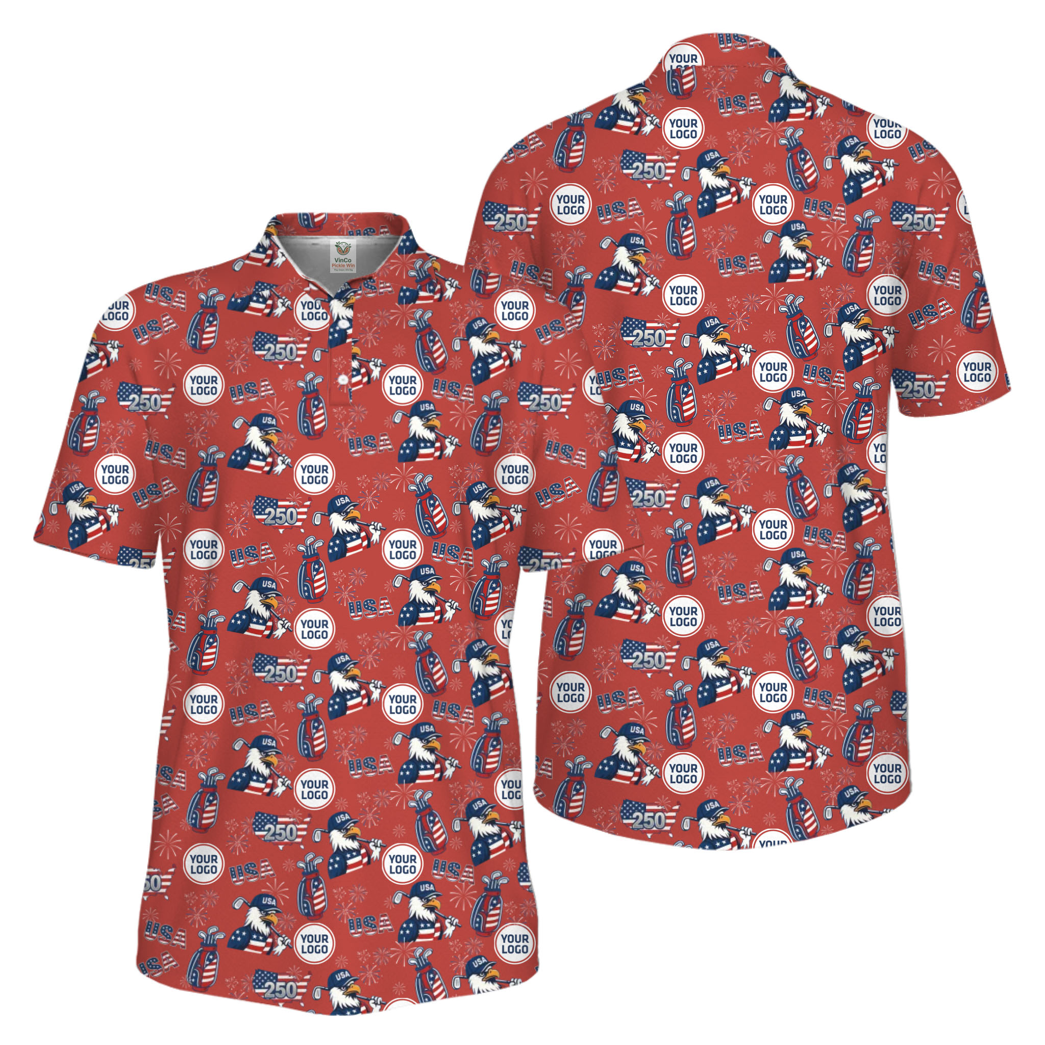 Picklewin Patriotic Custom Multiple Logos Pickleball Men Polo Shirt 250 Years Of USA 