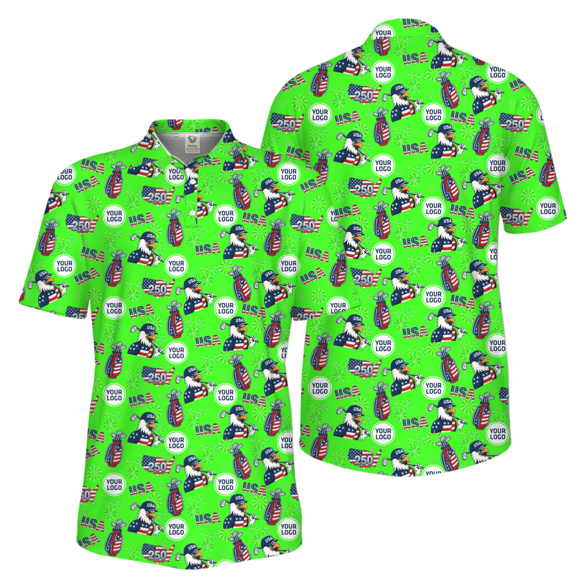 Picklewin Patriotic Custom Multiple Logos Pickleball Men Polo Shirt 250 Years Of USA 
