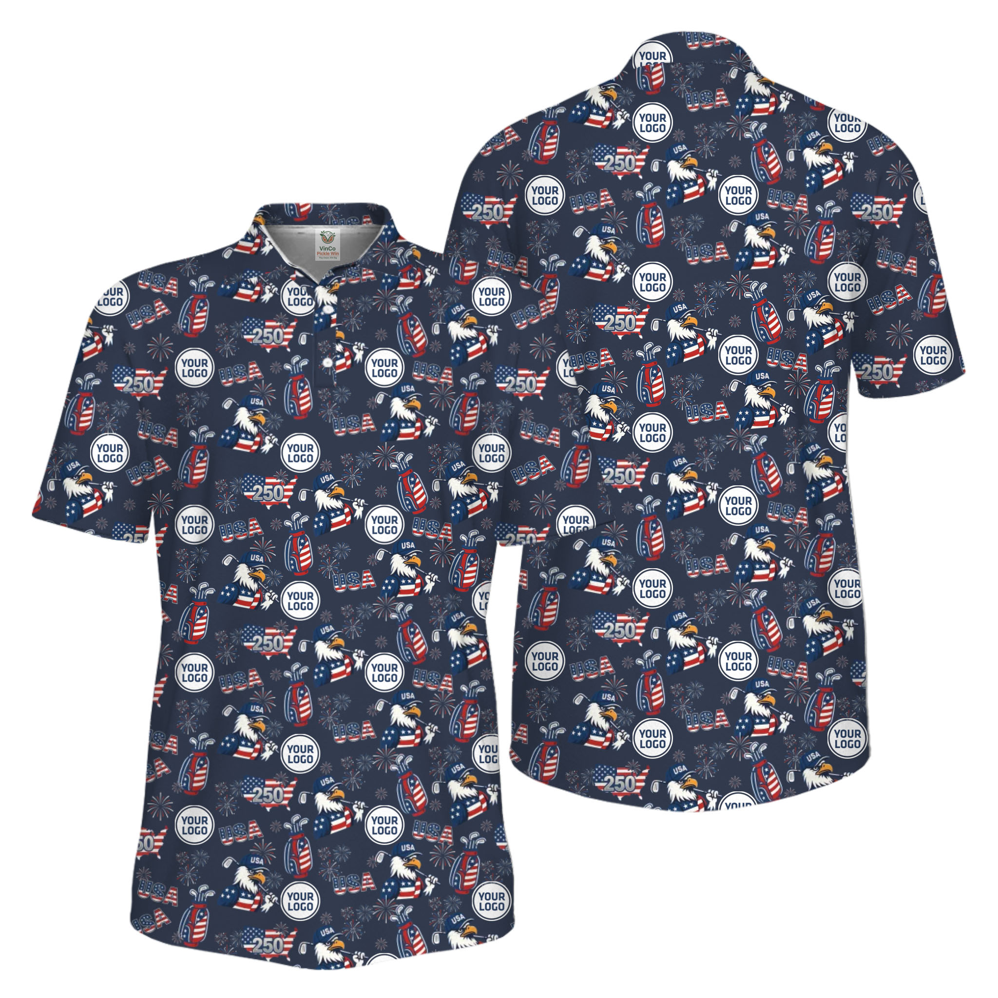 Picklewin Patriotic Custom Multiple Logos Pickleball Men Polo Shirt 250 Years Of USA 