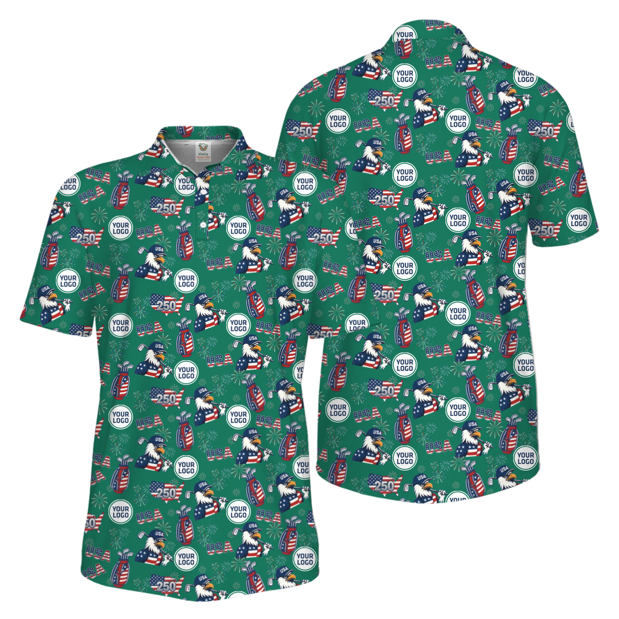 Picklewin Patriotic Custom Multiple Logos Pickleball Men Polo Shirt 250 Years Of USA 