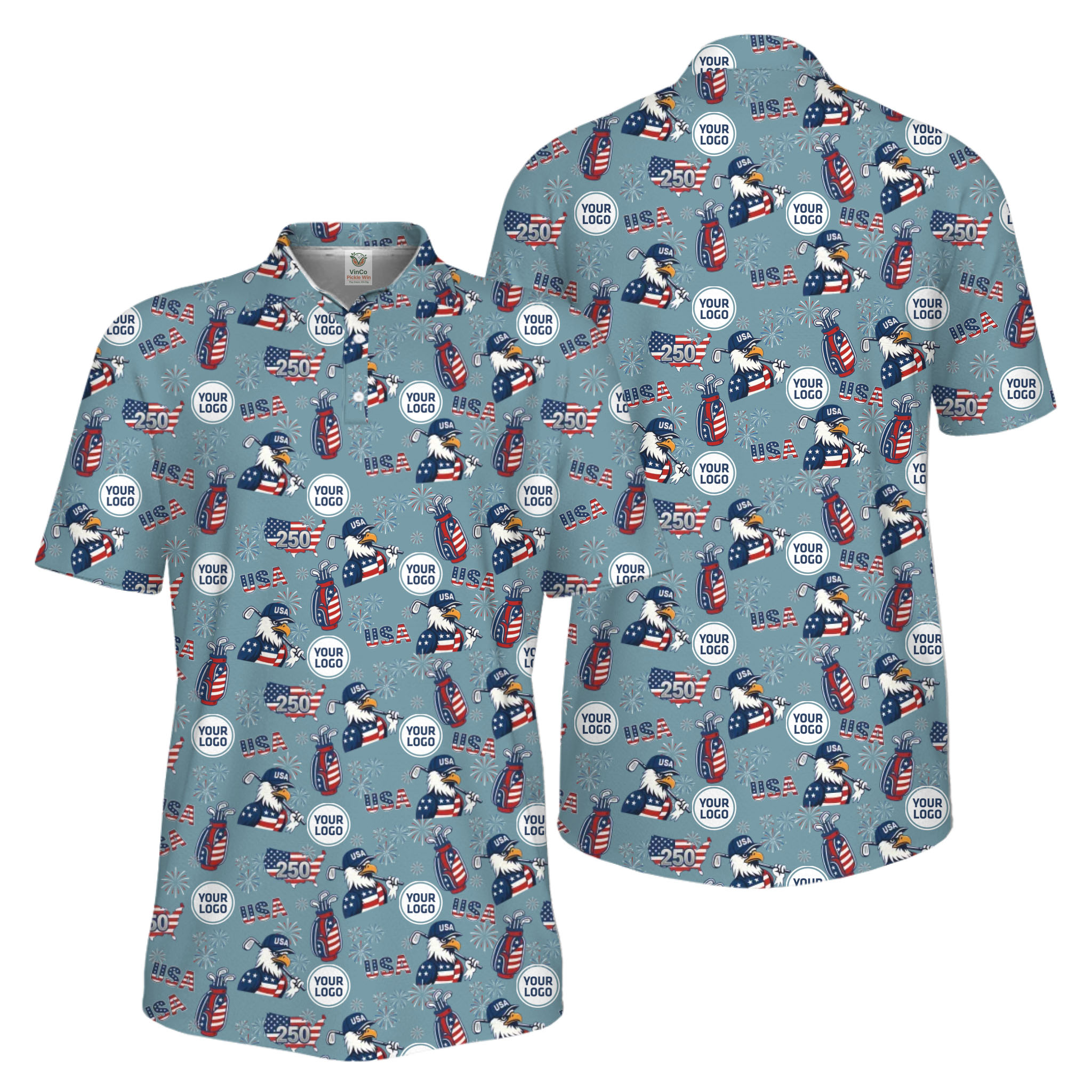 Picklewin Patriotic Custom Multiple Logos Pickleball Men Polo Shirt 250 Years Of USA 