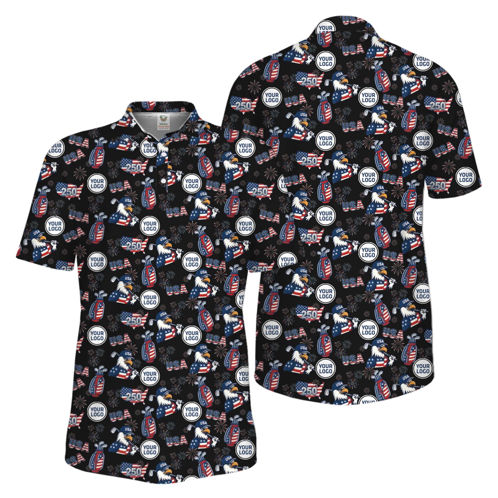 Picklewin Patriotic Custom Multiple Logos Pickleball Men Polo Shirt 250 Years Of USA 