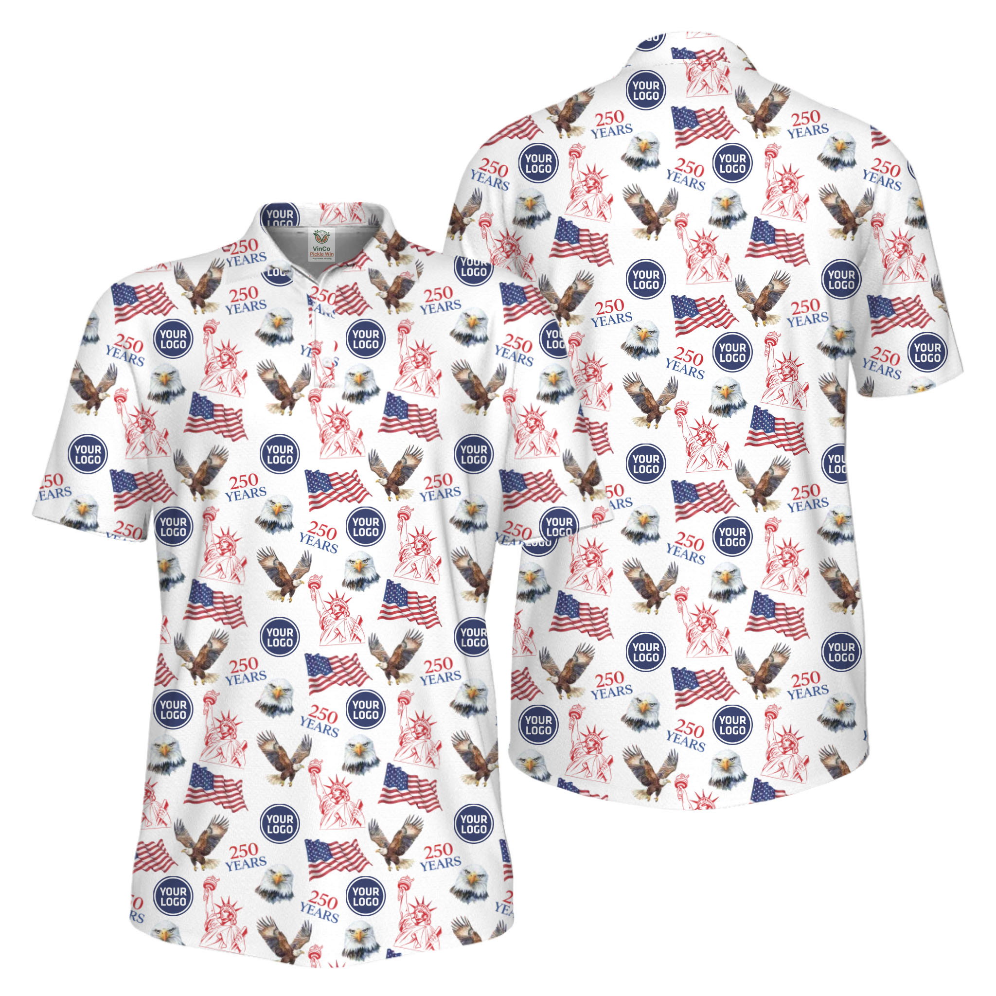 Picklewin Patriotic Custom Small Logos Pickleball Men Polo Shirt 250 Years Of USA