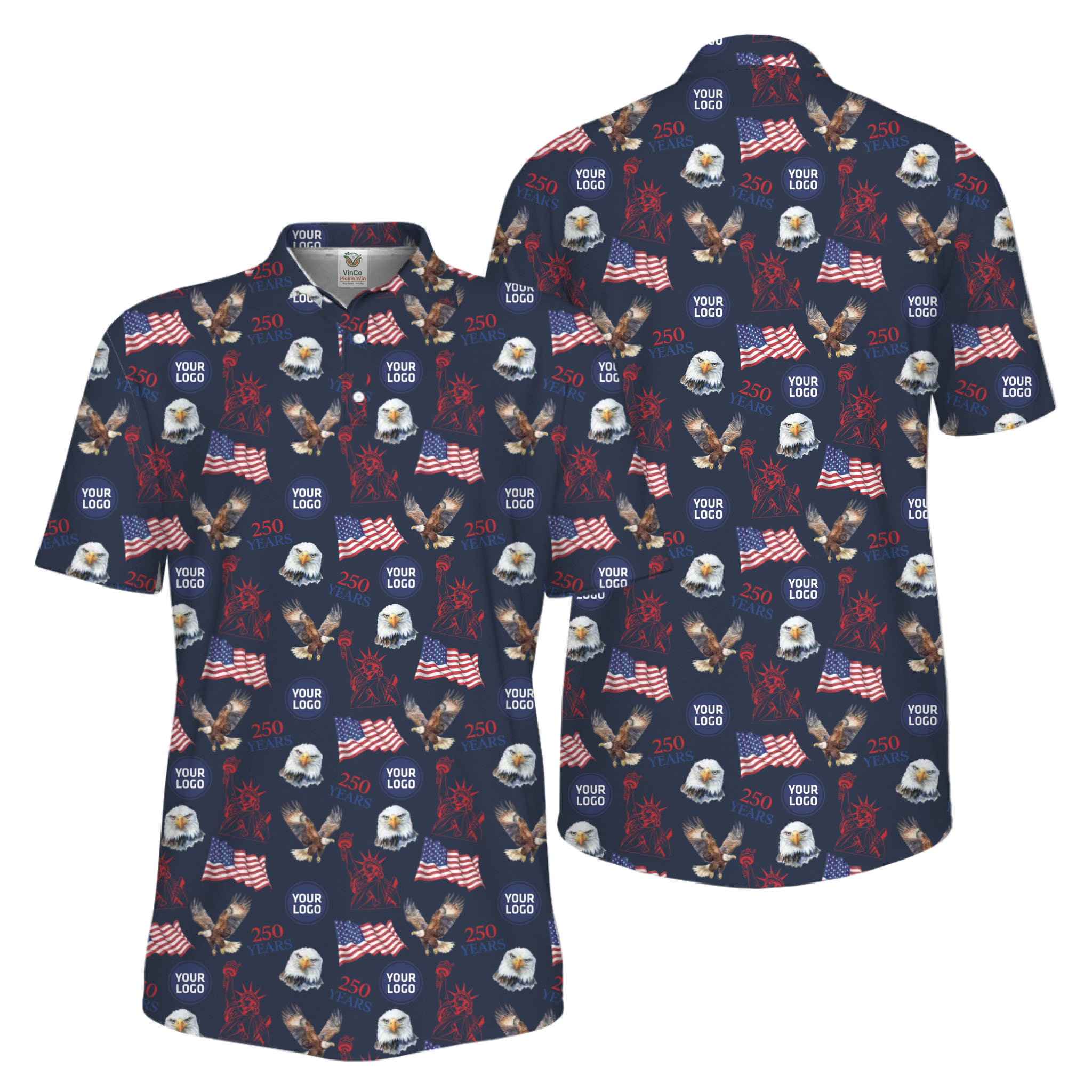 Picklewin Patriotic Custom Small Logos Pickleball Men Polo Shirt 250 Years Of USA