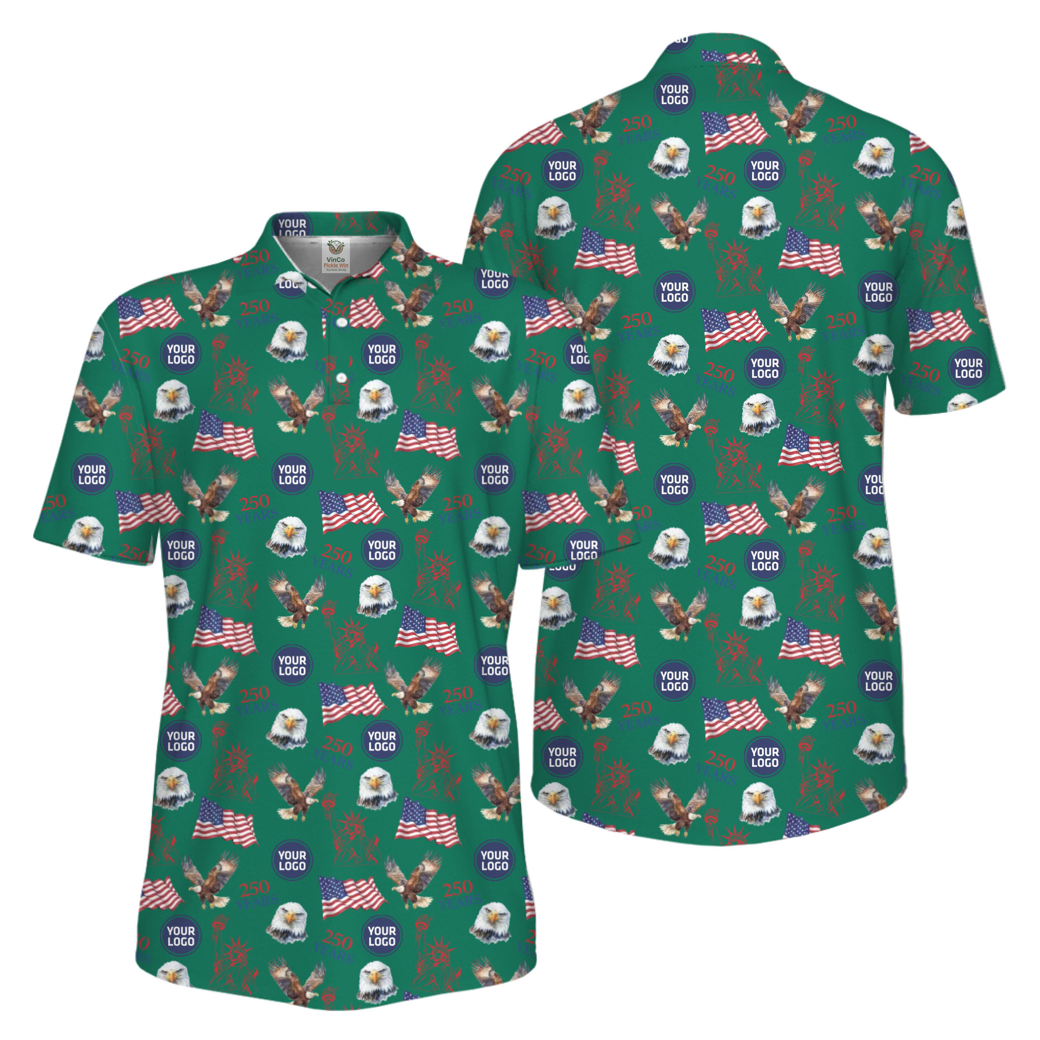 Picklewin Patriotic Custom Small Logos Pickleball Men Polo Shirt 250 Years Of USA