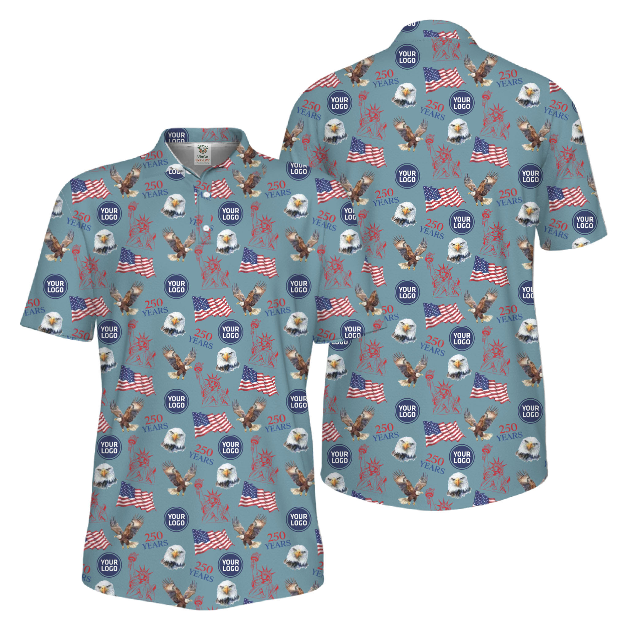 Picklewin Patriotic Custom Small Logos Pickleball Men Polo Shirt 250 Years Of USA
