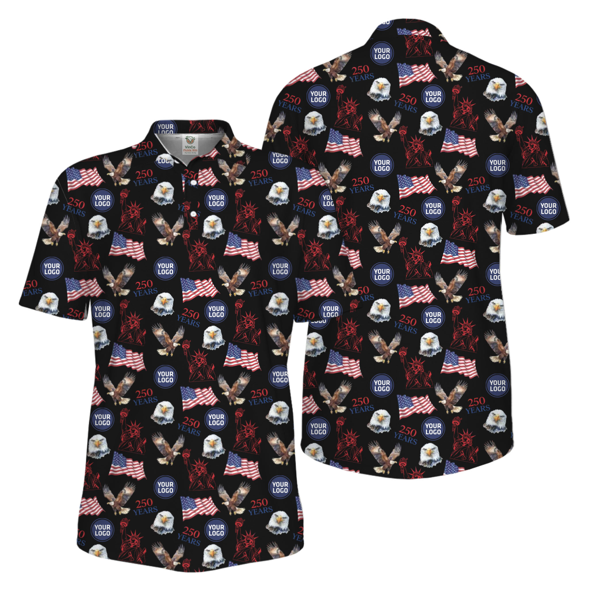 Picklewin Patriotic Custom Small Logos Pickleball Men Polo Shirt 250 Years Of USA