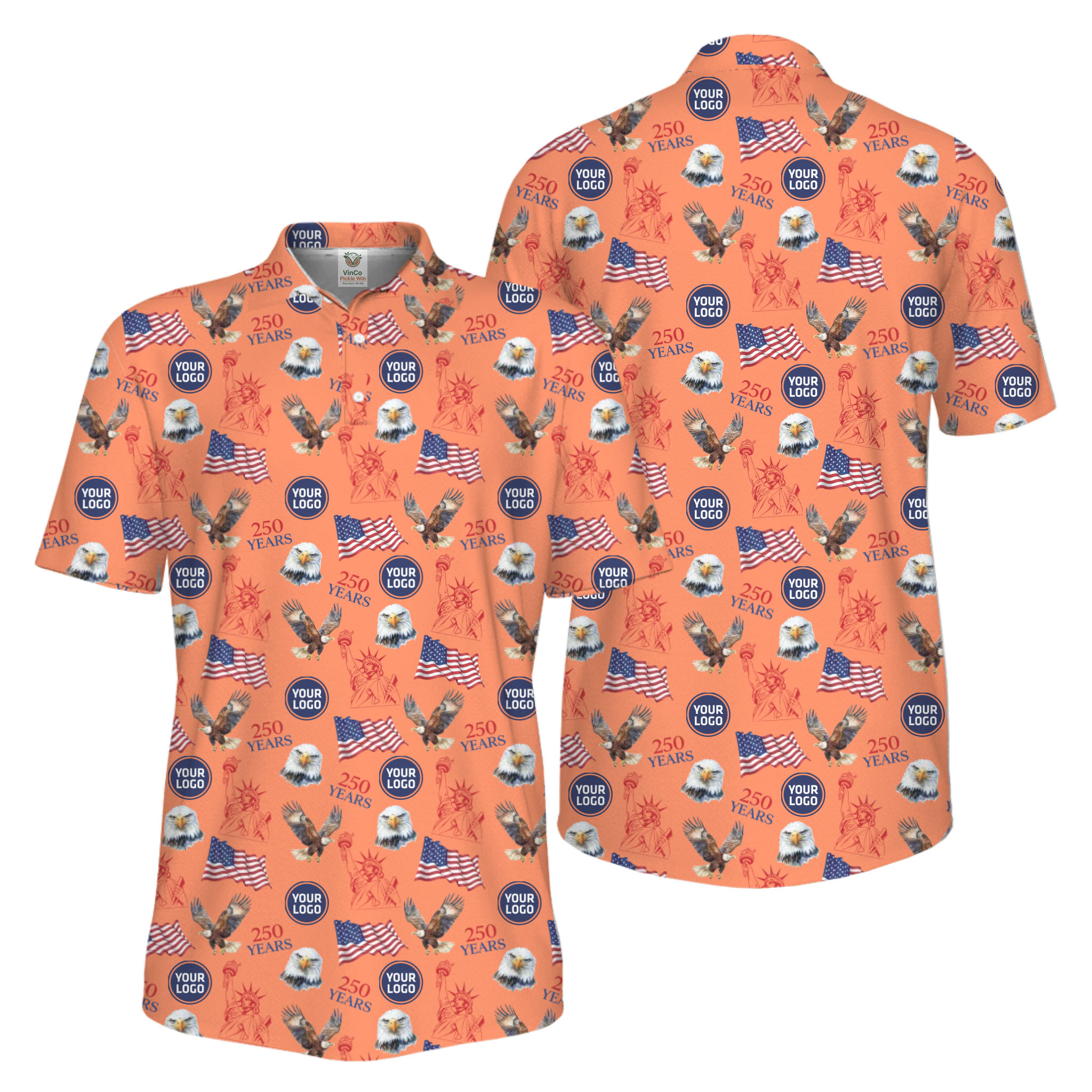 Picklewin Patriotic Custom Small Logos Pickleball Men Polo Shirt 250 Years Of USA