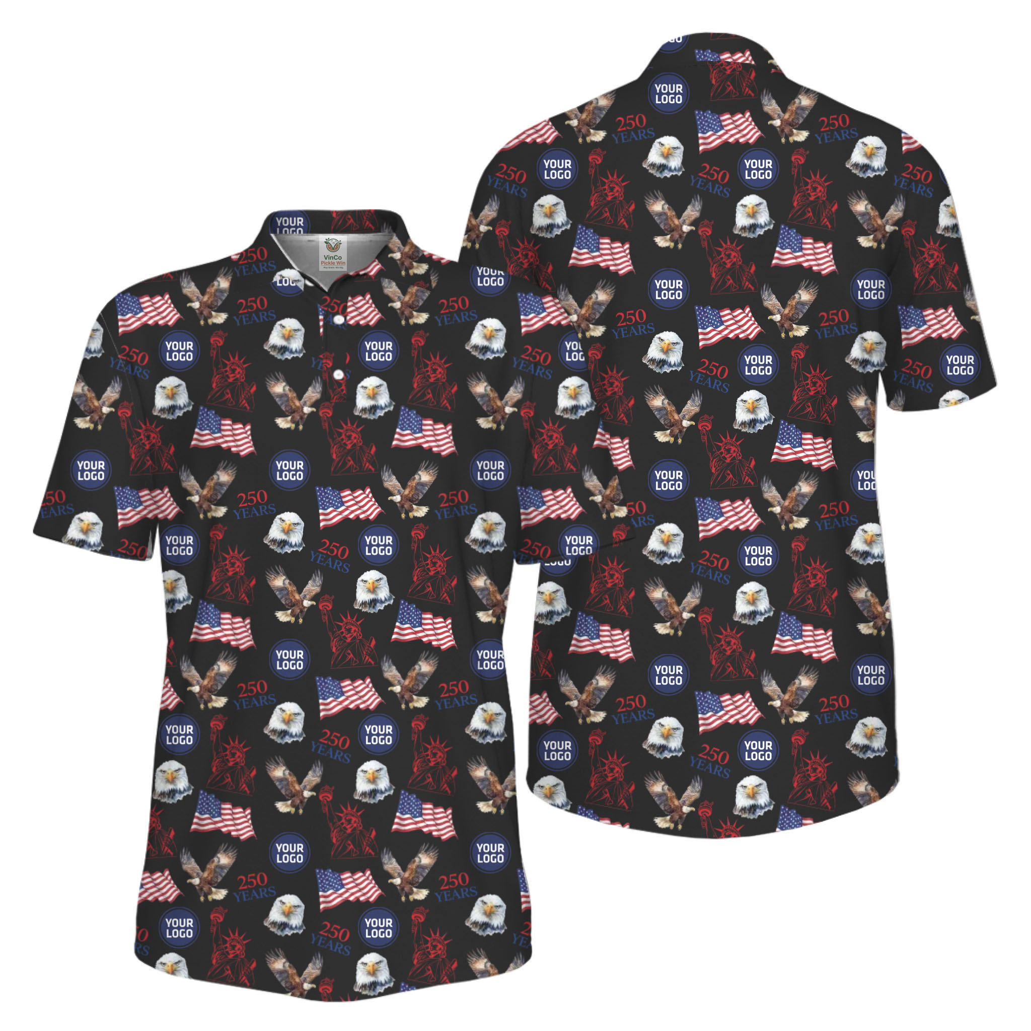 Picklewin Patriotic Custom Small Logos Pickleball Men Polo Shirt 250 Years Of USA