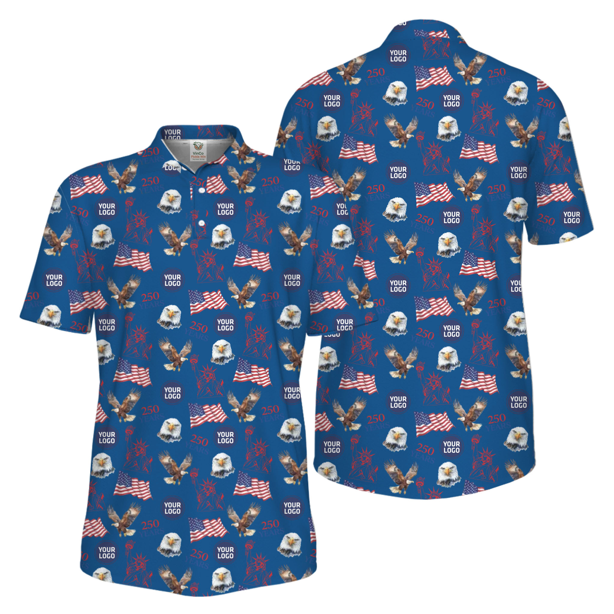 Picklewin Patriotic Custom Small Logos Pickleball Men Polo Shirt 250 Years Of USA